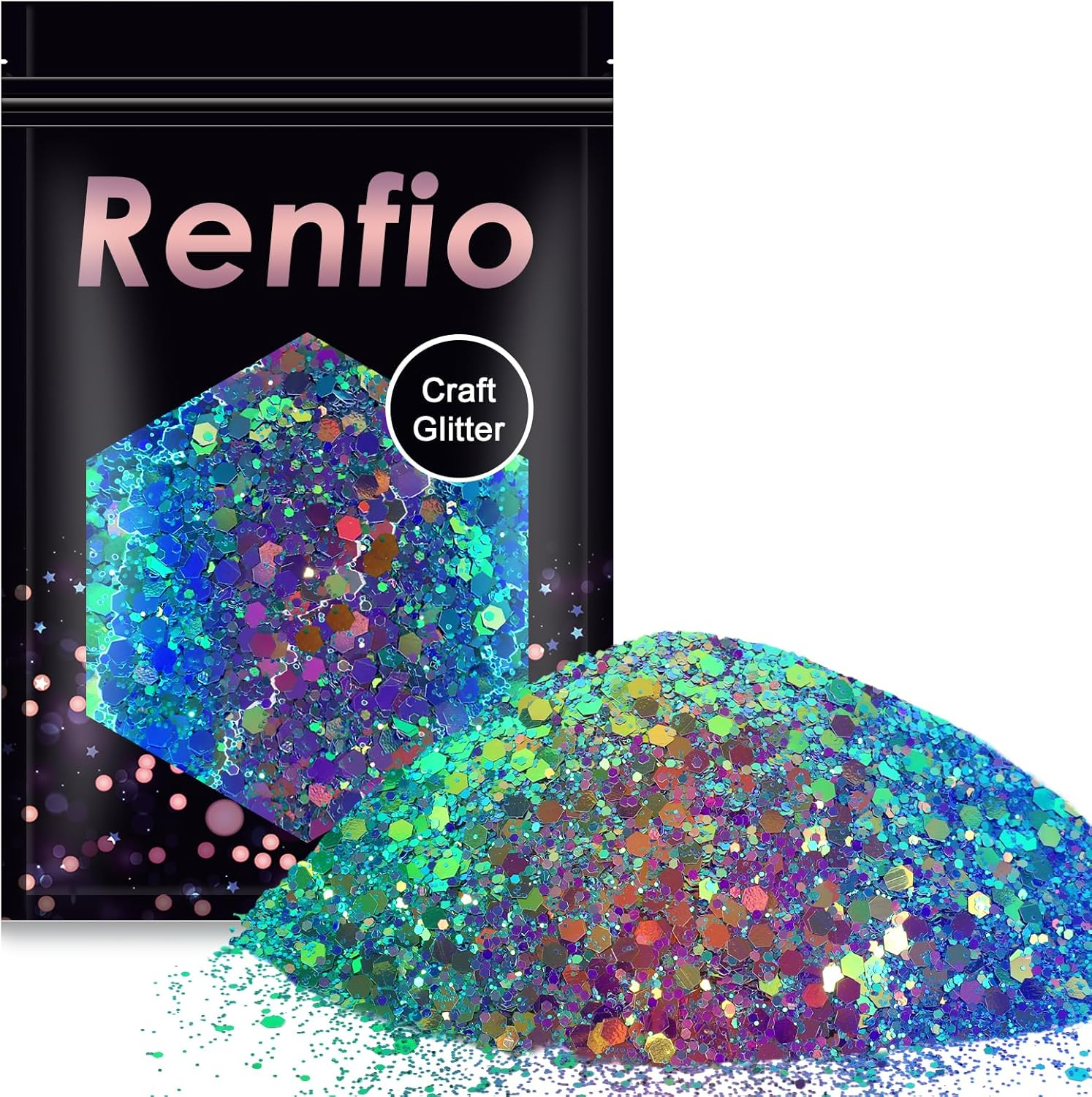 Renfio Chameleon Chunky Glitter, Mixed Fine Powder Color Shift 1.75 Oz (50G) PET Flake Hexagon Purple Copper Green Glitters Sequin Resin Pigment Chip Dust for Slime Painting Craft Hair Nail - Mermaid - Blue,Green,Multi-Color image number 5