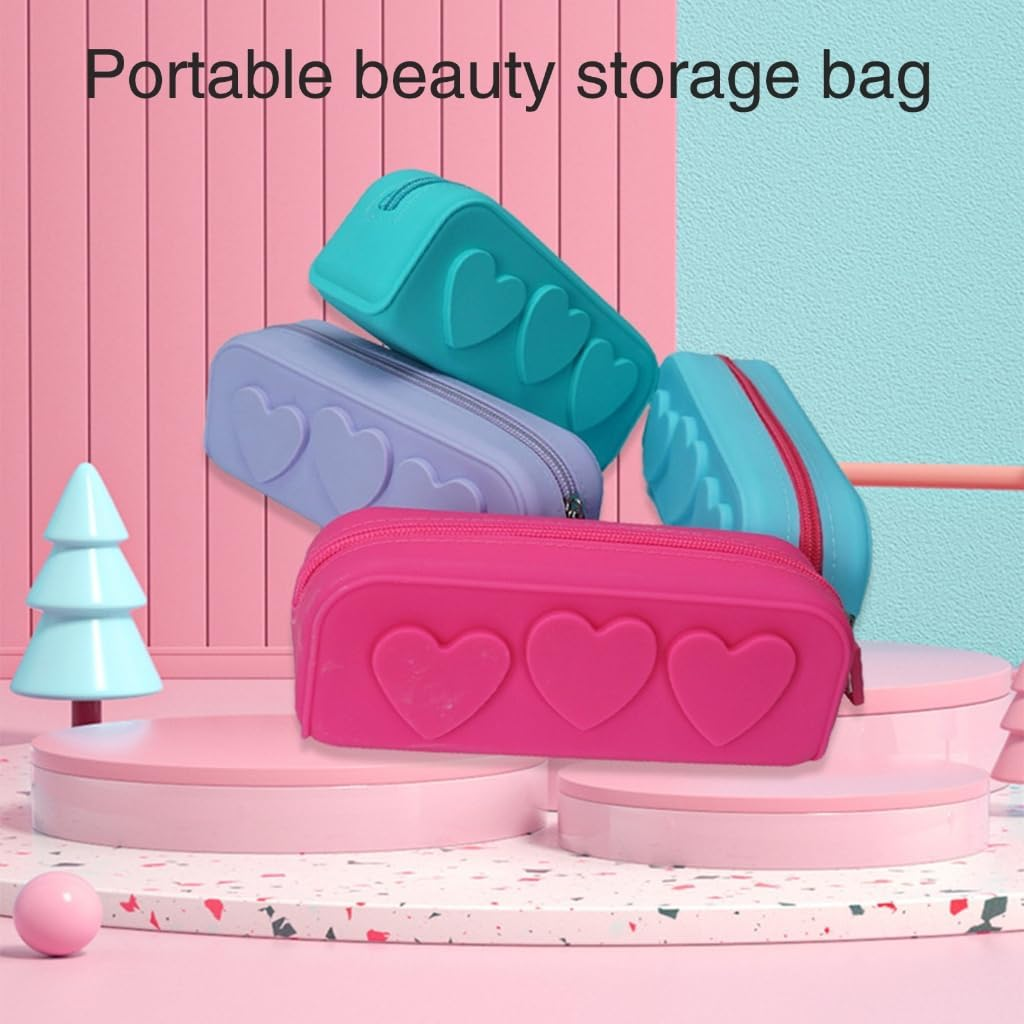 DDPOND Makeup Bag Cosmetic Bag Heart Cosmetic Pouch Pencil Case Toiletry Bag Silicon Makeup Organizer Bag for Makeup Brush - Rose Red image number 6