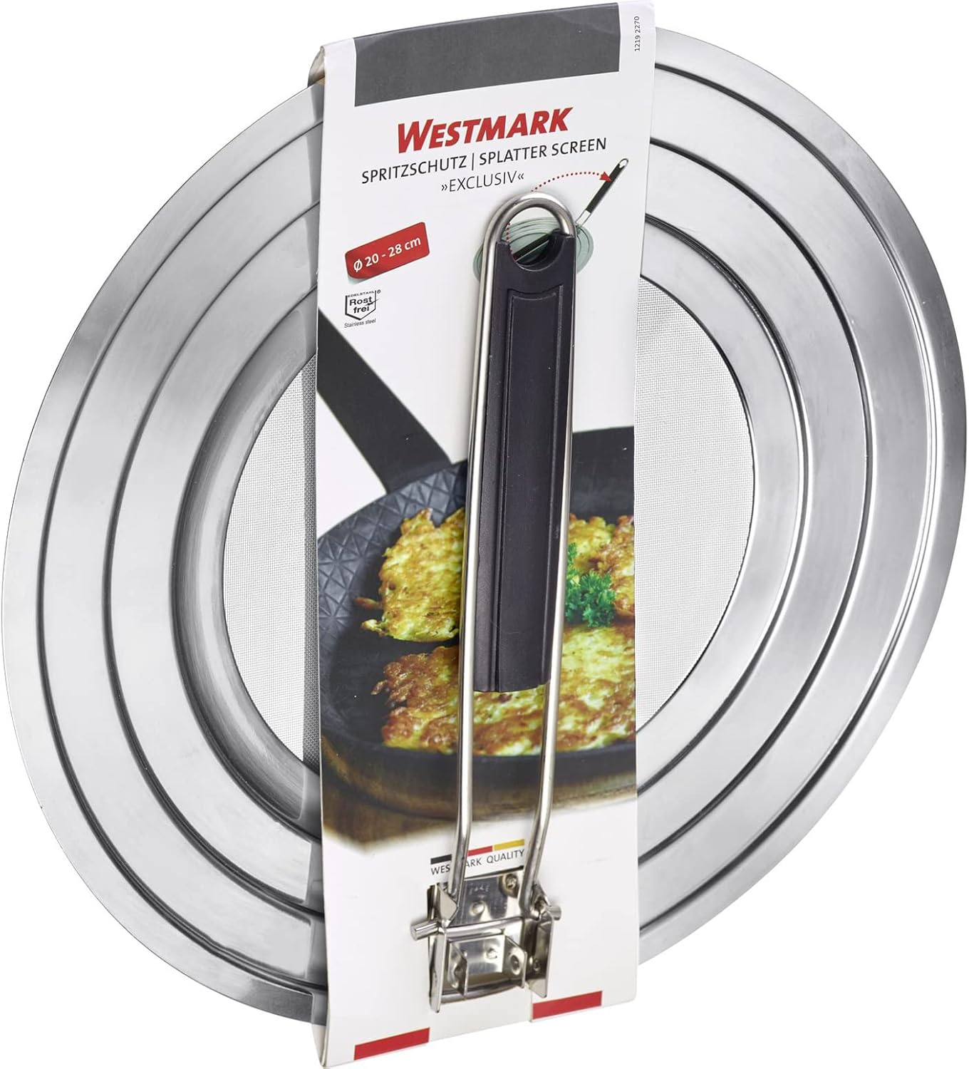 Westmark 12192270 Splash Guard for Pots and Pans with Diameter 20, 24 and 28 Cm, Heat-Insulated Handle, Stainless Steel, Silver/Black image number 1