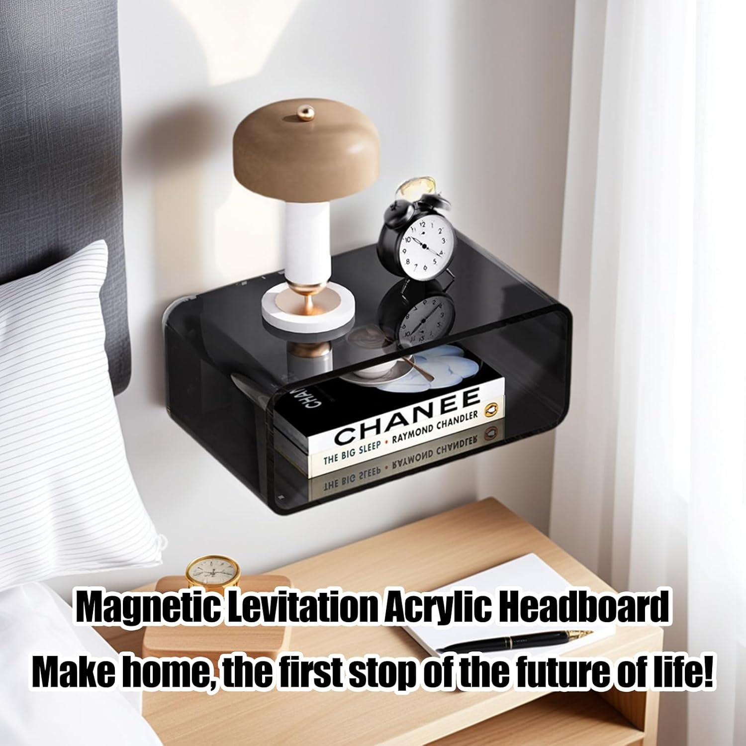 HOOMFIT Acrylic Floating Nightstand,Wall-Mounted Bedstead,Space-Saving Wll Mounted Bedside Shelf, Stylish & Durable for Bedroom,Home,Decor (45Cm, Clear) (White) - White image number 4