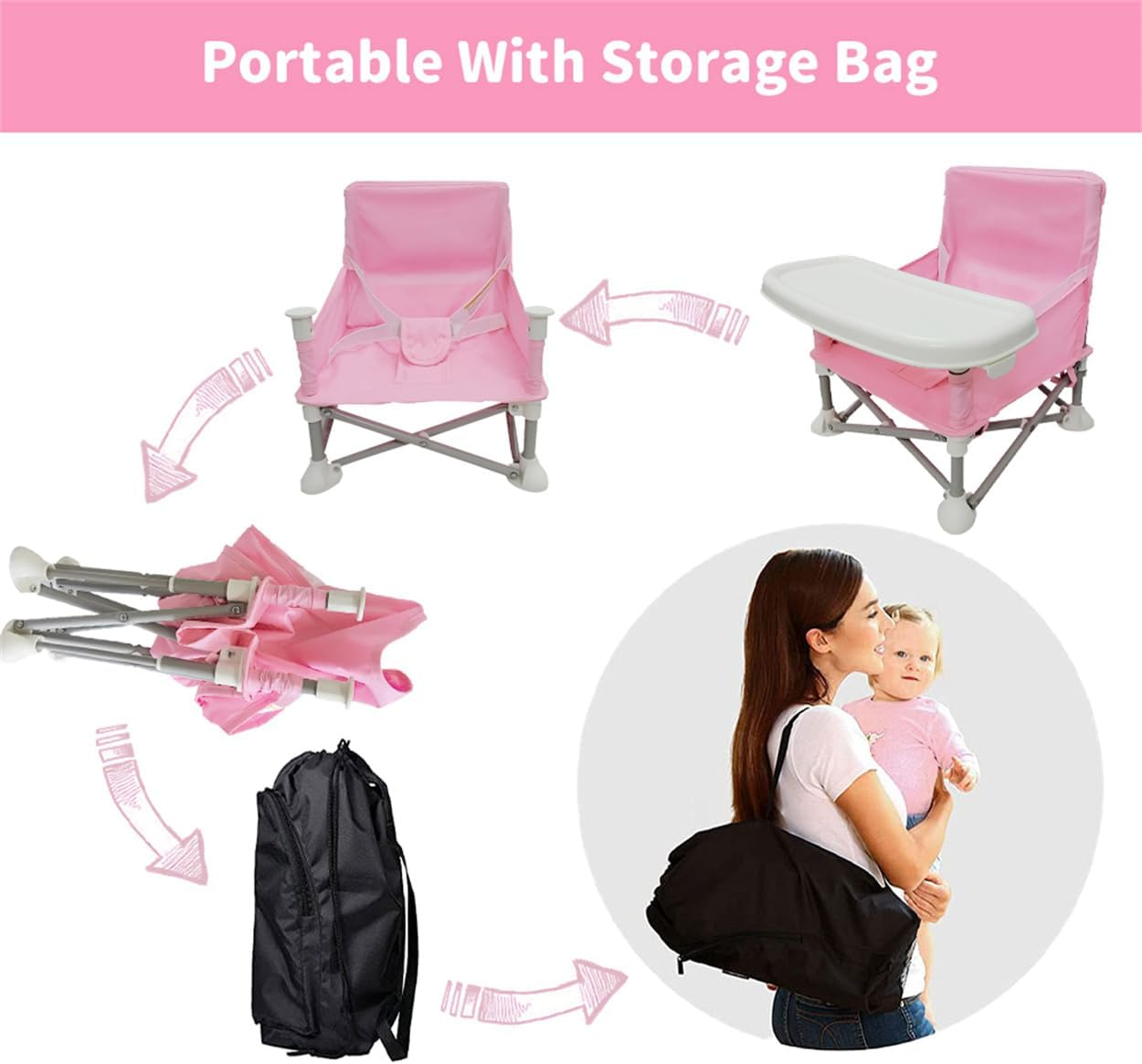 Baby Booster Seat, Toddler High Chair, Portable Baby Seat Travel, Compact Folding Portable Highchair for Indoor/Outdoor Dining, Camping, Park, Beach (Pink) image number 5