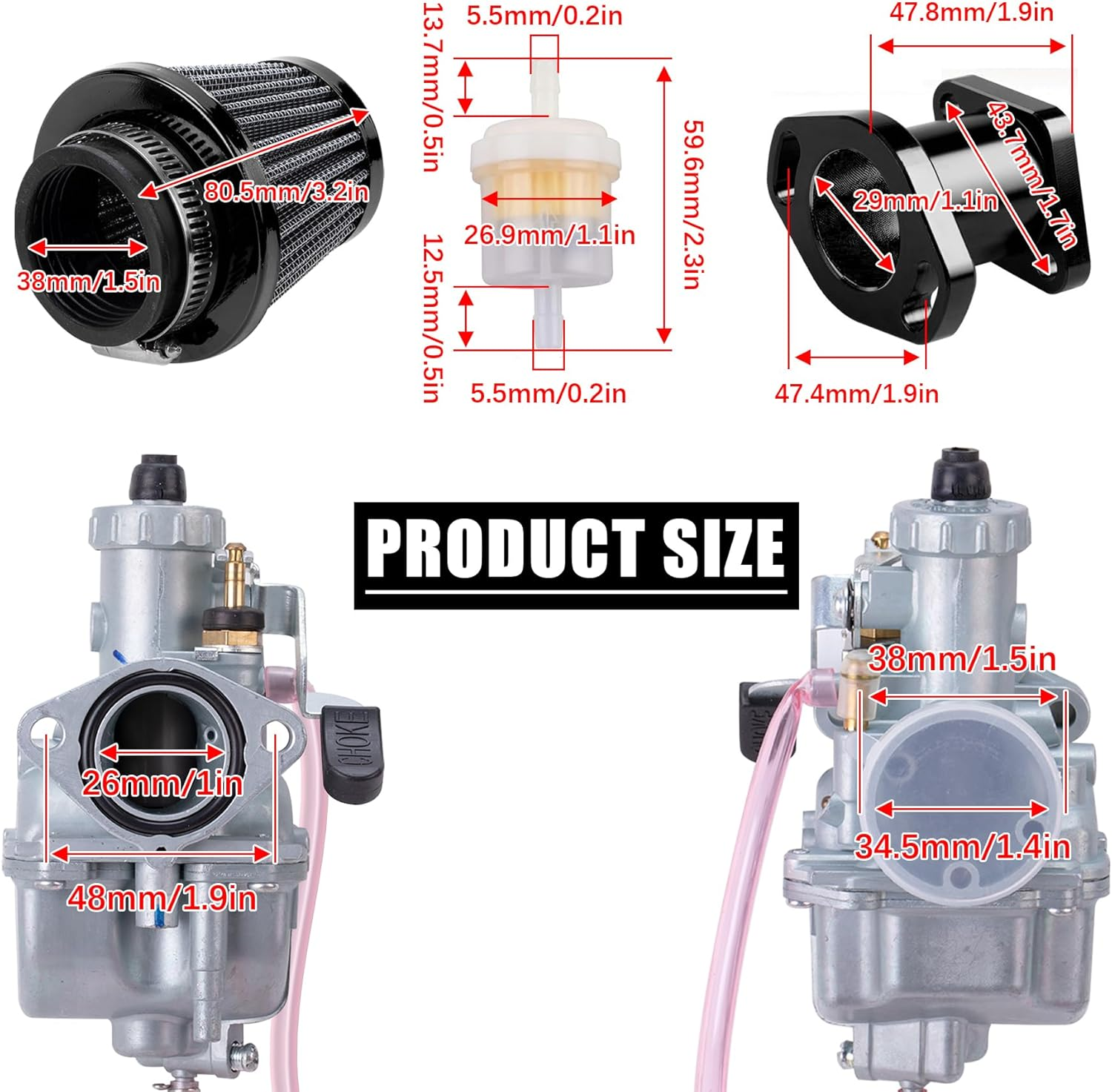 VM22 26Mm Carburetor Carb Kit Fit for Performance Intake Pipe Mainfold Air Filter Fit for Predator 212Cc GX160 Honda GX200 CT200U 196Cc KT196 Clones Moto Go Kart Mini Bike Race Kart (Black)