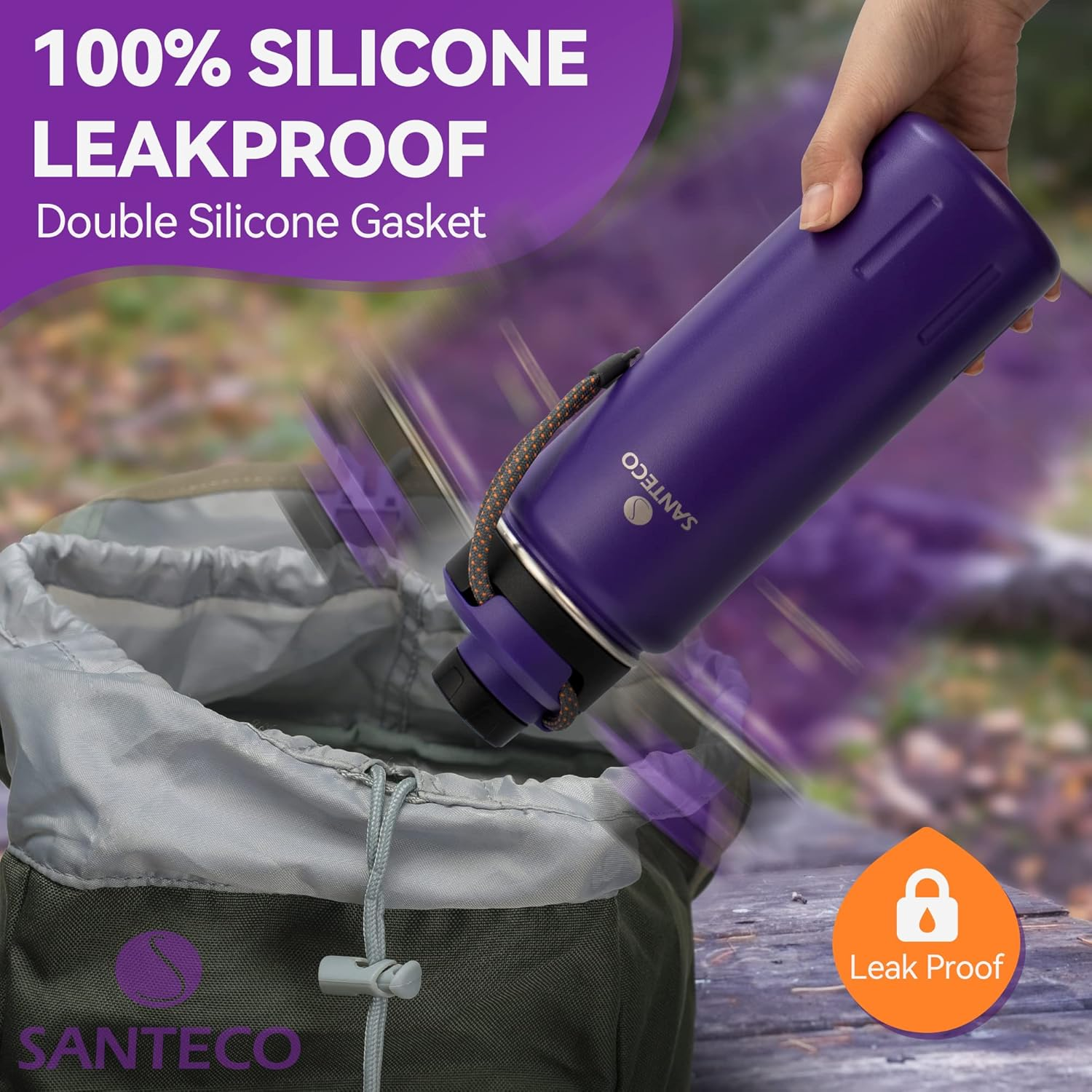 Santeco Insulated Water Bottles 24 Oz, Stainless Steel Flask with Lanyard & Wide Mouth Spout Lid, Leak Proof Double Wall Vacuum Drink Bottle, Keep Drinks Hot & Cold for Hiking Camping - Purple image number 4