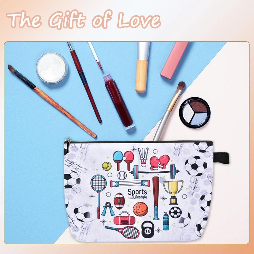 Sports Makeup Bag Multi-Sport Design Canvas Cosmetic Pouch for Sports Lover Soccer Fan Portable Fitness Toiletry Organizer for Women Men Athlete Travel Gym Party Favor Gift​