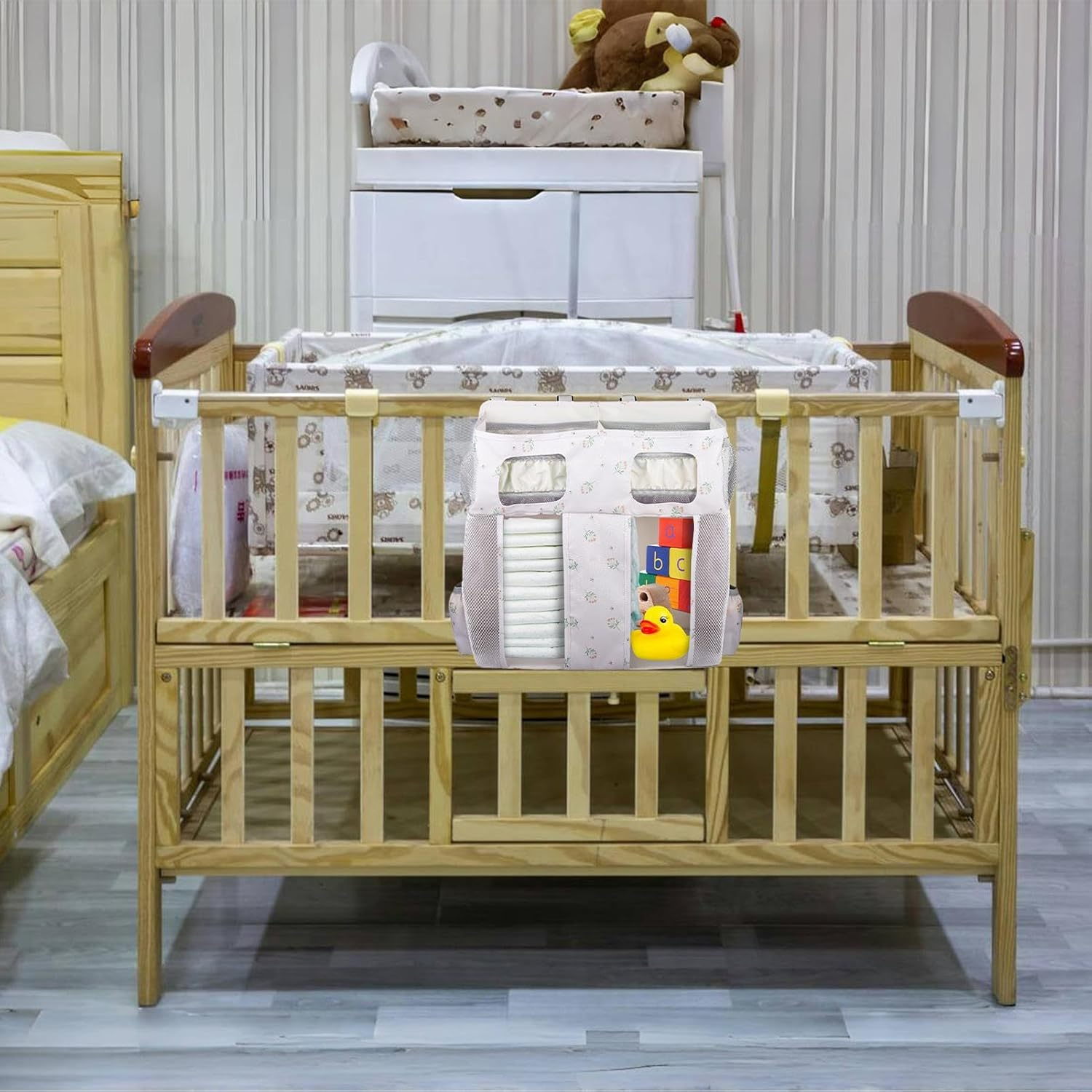 Crib Diaper Organizer, Oxford Bedside Storage Bag, 19.6X17.3X6.3 Inch, Large Capacity Nursery Stacker with Hanging Design, Ideal for Diapers, Bottles, Wipes, Bibs, Cribs, Nursery, - Letter D image number 5