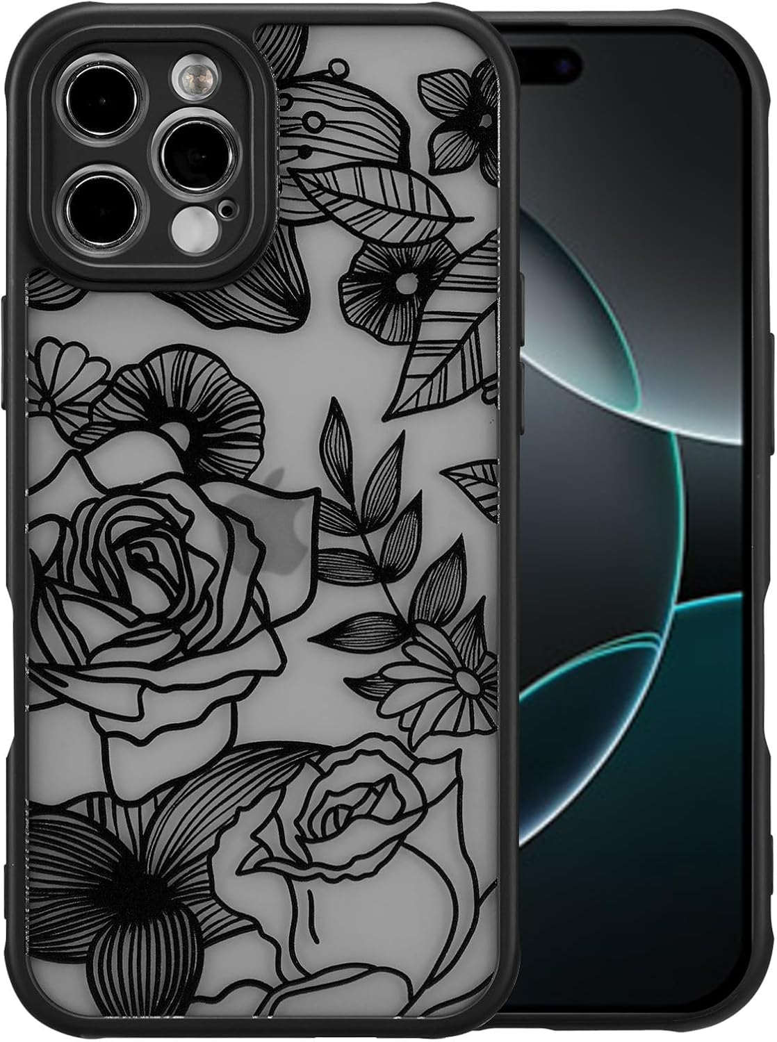 XIZYO for Iphone 16 Pro Case, Floral Rose Cute Phone Case for Women Girls Aesthetic Pattern Print Slim TPU Bumper Shockproof Protective Cover for Iphone 16 Pro 6.3 Inch, Black image number 2
