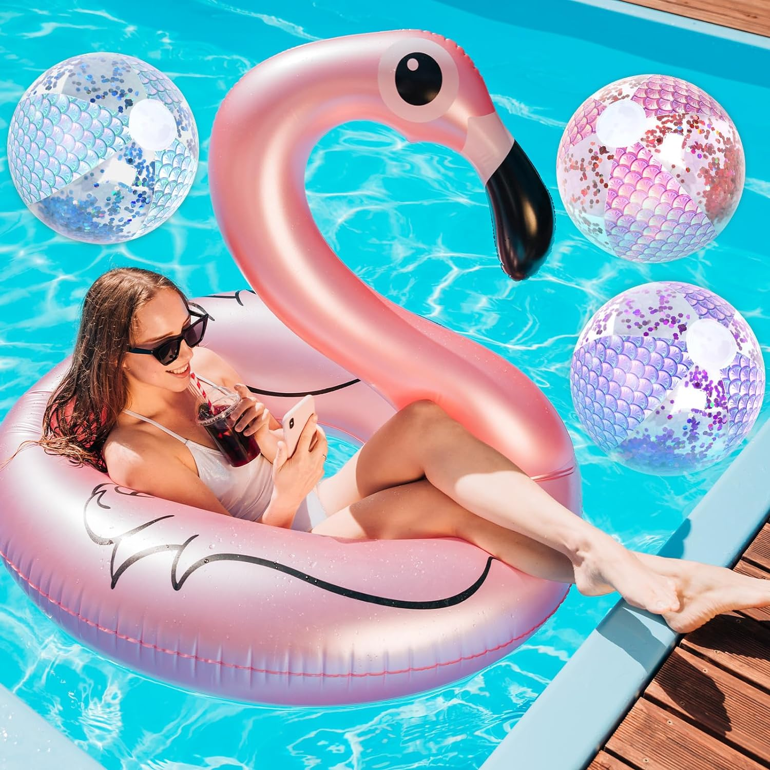 Whaline 3Pcs 16'' Mermaid Inflatable Beach Ball Glitter Pool PVC Balls Game Play Balloons for Summer Hawaiian Tropical Theme Beach Party Decorations Water Sand Game Accessory, Pink Blue Purple