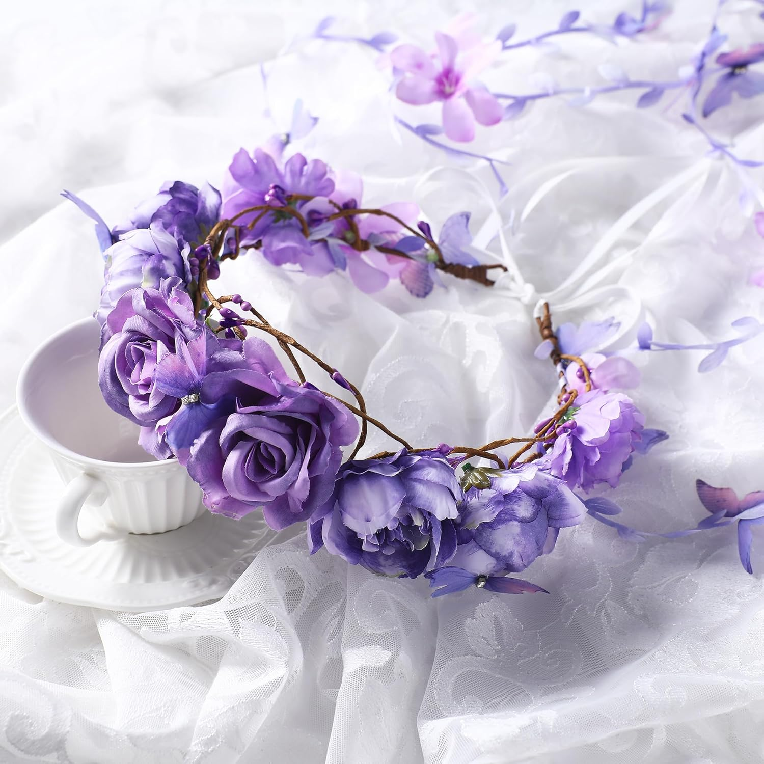 Partyforu Flower Headband for Women Purple Floral Headpiece with Butterfly Flower Crown Vine Fairy Crown for Wedding Party Bridal Shower Renaissance image number 6