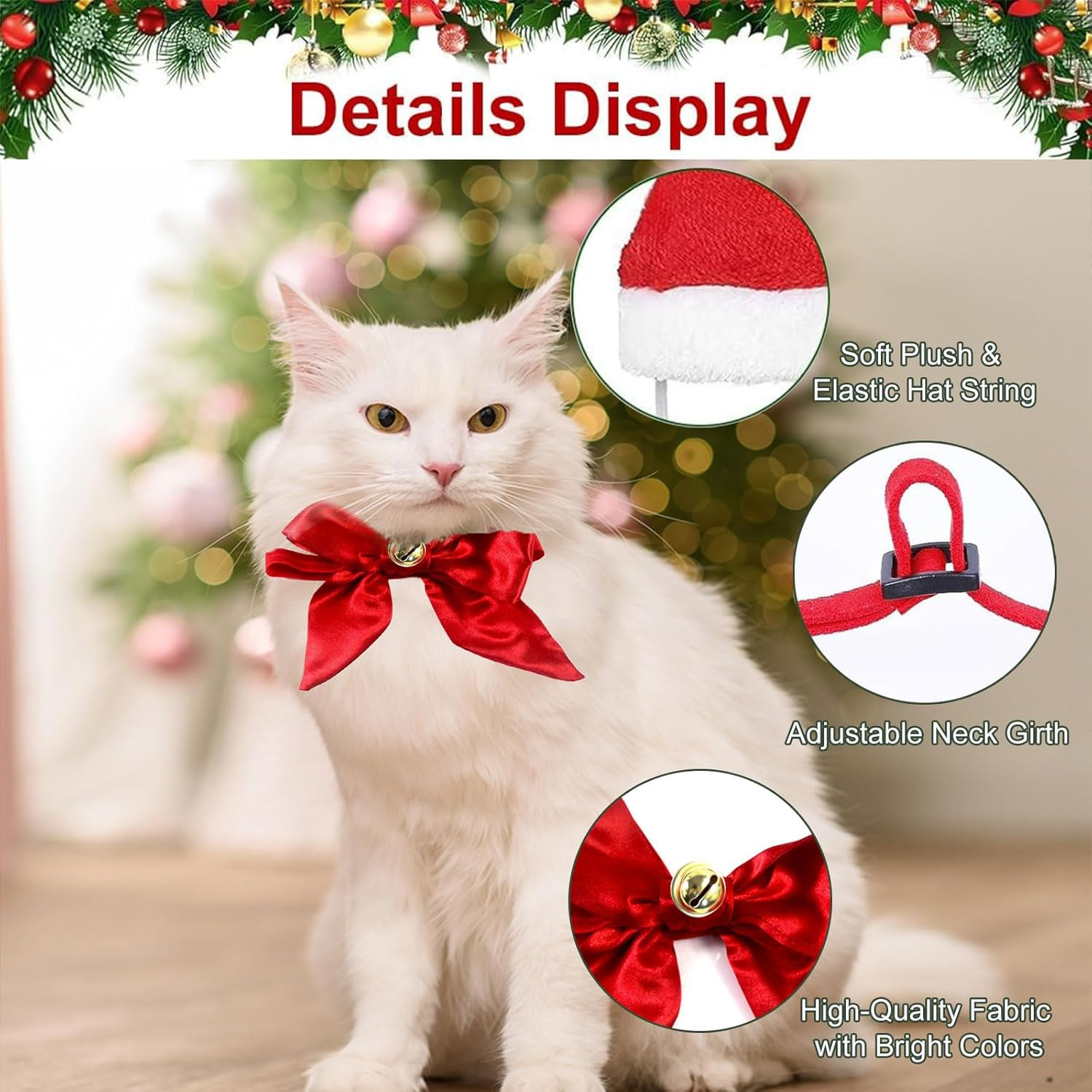 Pack of 2 Christmas Dog Costume, Cat Costume, Christmas Hats for Cats, Christmas Pet Collar, Dogs Cats, Christmas Hats and Bow Tie Collar, for Pets, Red image number 4