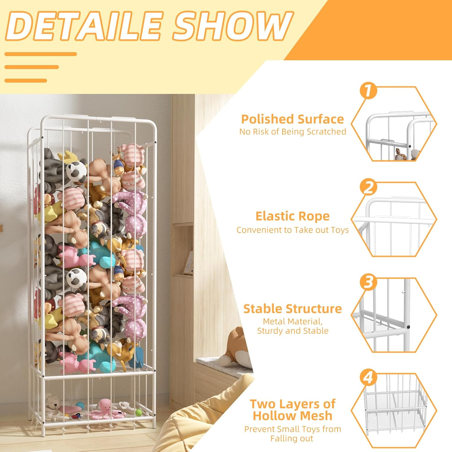 FAYDUDU Stuffed Animal Zoo Stuffed Animal Storage Toy Organization Stuffed Animals Holder Shelf with Elastic Band Stuffed Animals Cage for Nursery Playroom Bedroom Kid Room Furniture (New White)