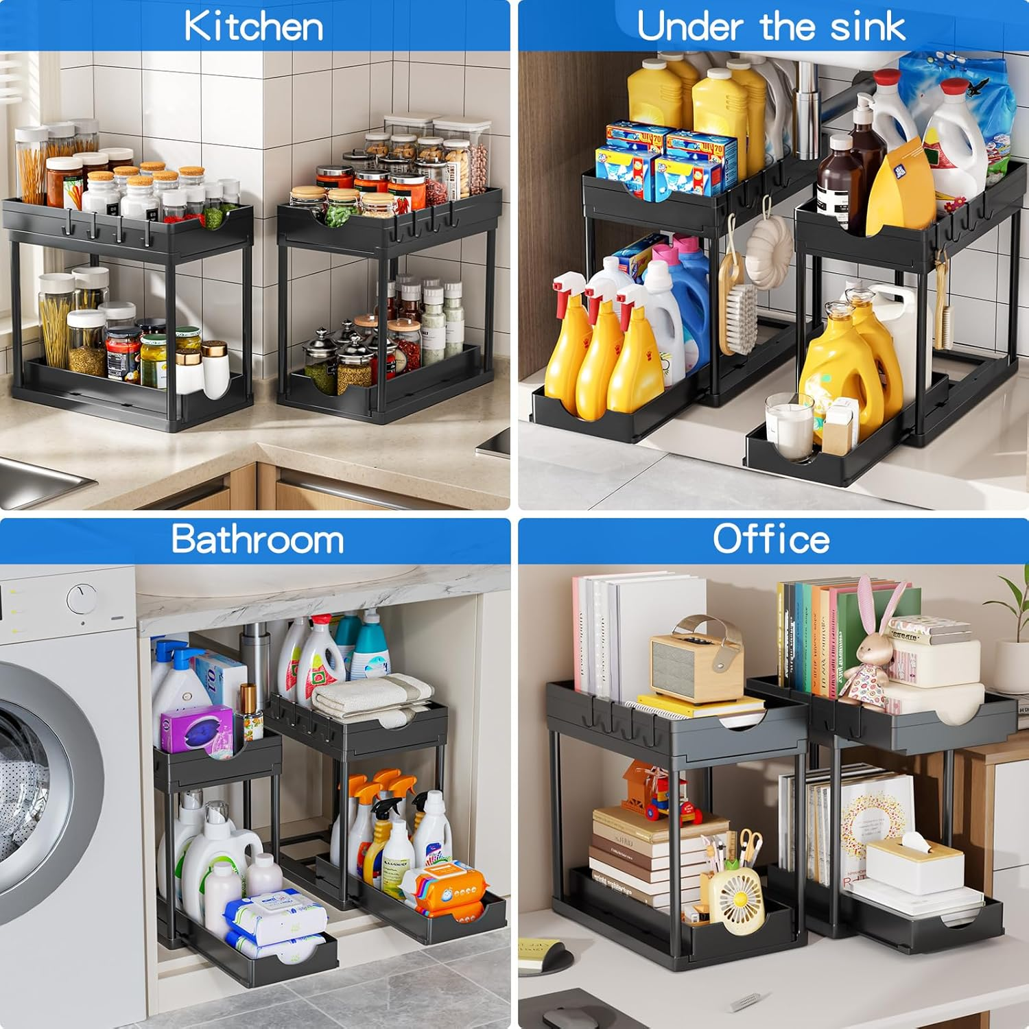 2 Pack Double Sliding under Sink Organizers and Storage, Kitchen Accessories, Two Tier Bathroom Storage and Organization, under Cabinet Organizer with Hooks, Home Organization, Black image number 3