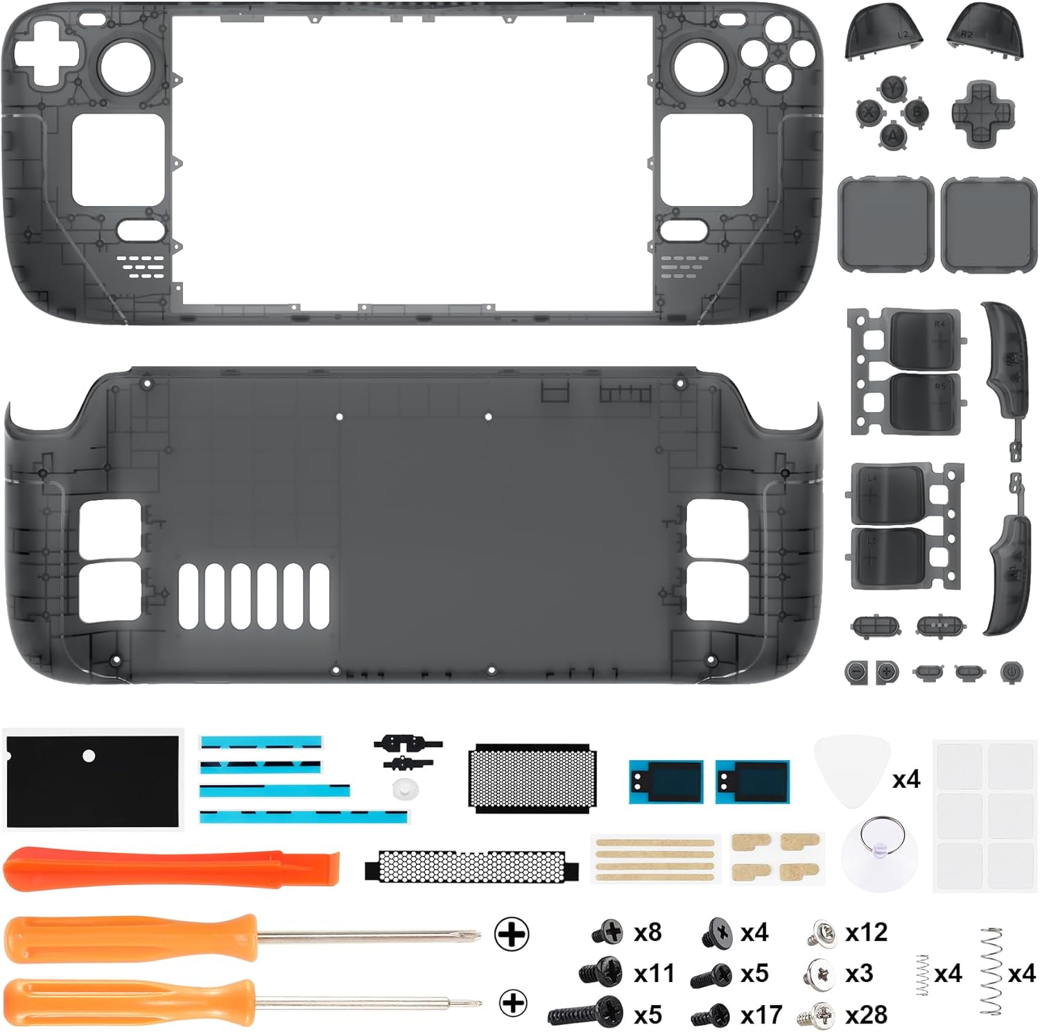 Extremerate Clear Slate Black Custom Faceplate Back Plate Shell for Steam Deck LCD, Handheld Console Replacement Housing Case, DIY Full Set Shell Buttons for Steam Deck Console - Console NOT Included
