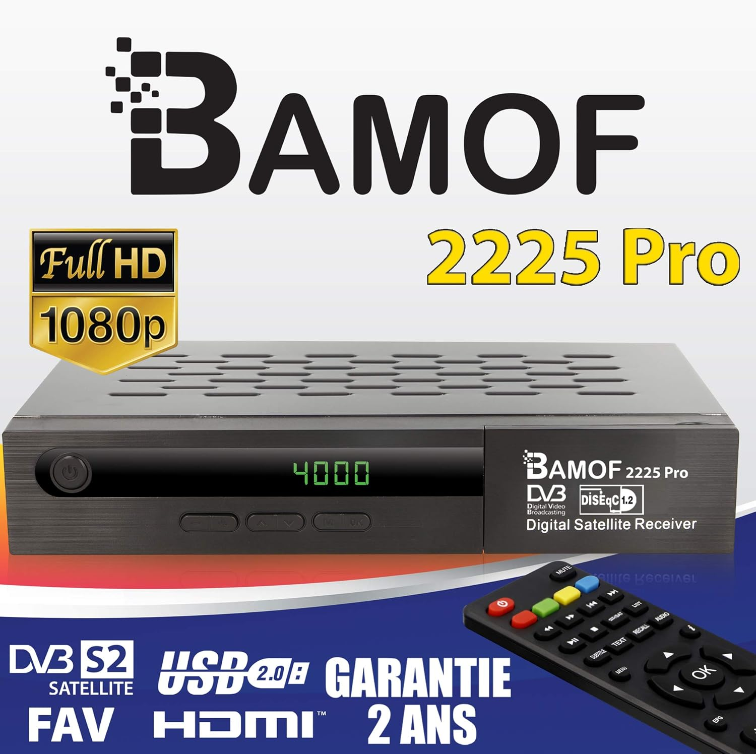 Bamof 2225 PRO Satellite Receiver (HDTV, DVB-S/DVB-S2, HDMI, SCART, 2X USB, Full HD 1080P) [Pre-Programmed for Astra, Hotbird and T&uuml;rksat] + HDMI Cable image number 1