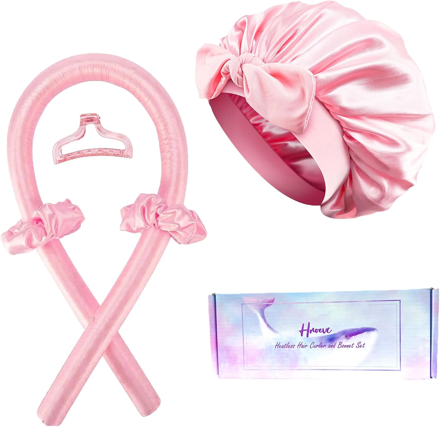 Hroevc No Heat Overnight Curls with Double Layer Satin Bonnet - Soft Hair Curlers to Sleep In, Heatless Curling Rods Set + Silk Bonnet for Women & Girls Long Hair, Heatless Waves & Volume (Pink)