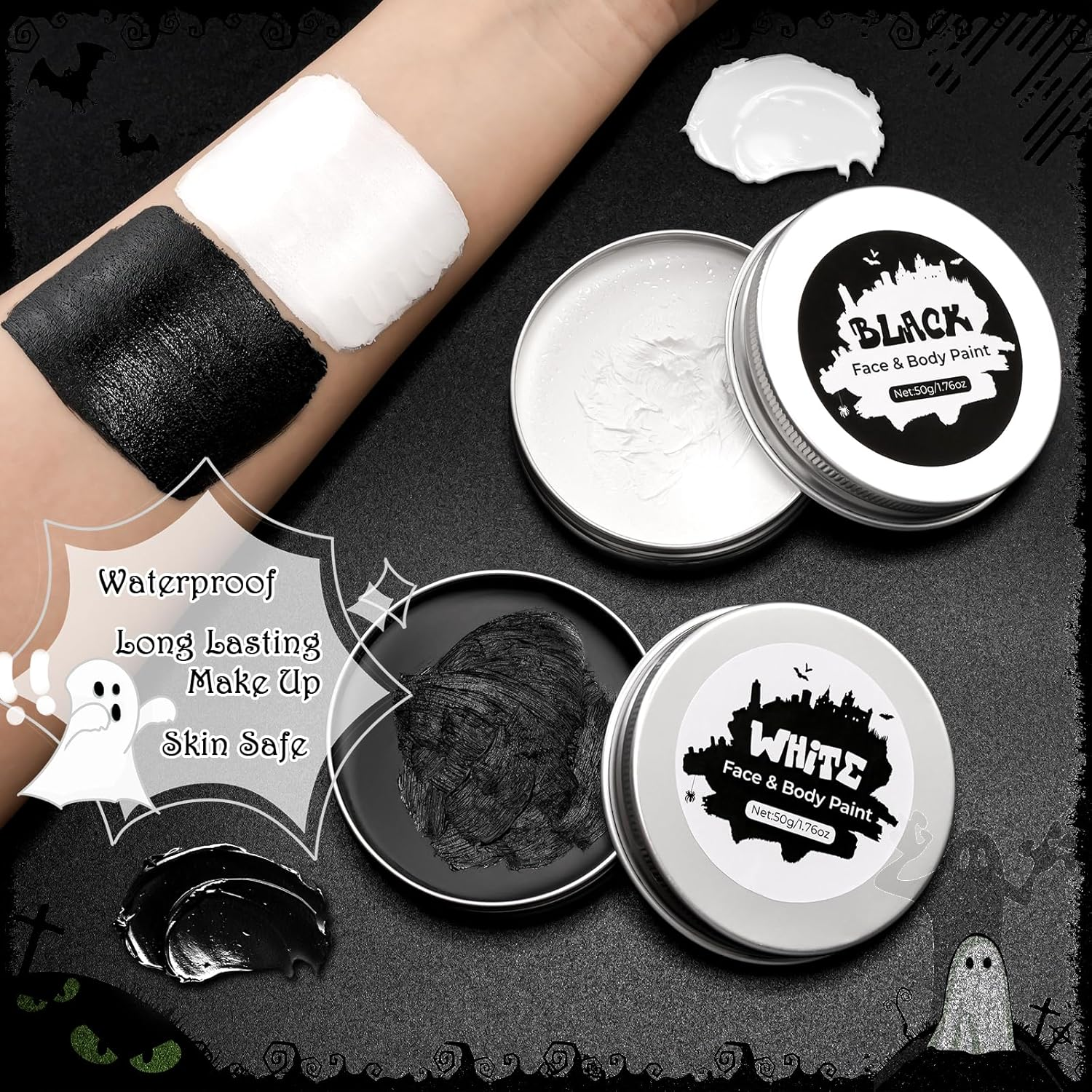 100 G Halloween Make-Up Set, Black and White Set, Halloween Make-Up, Adult Children, Body Painting Colours, Fancy Dress, for Zombie Vampire SFX Makeup Theatre Stage Film image number 1