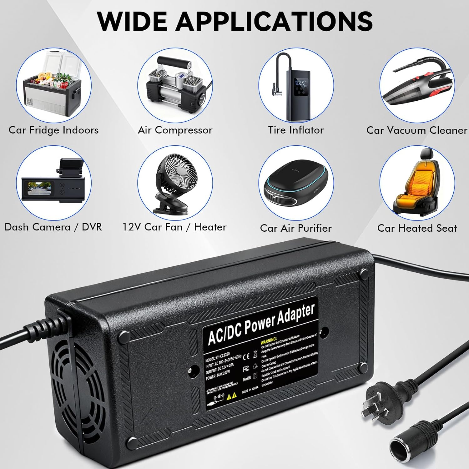 AC to DC Converter 250W(Pro Max) 12V 20A AC 110V~240V to DC 12V Converter Car Cigarette Lighter Socket Transformer AC/DC Power Adapter for Car Refrigerator, Vacuum Cleaner, Tire Inflator and More image number 5