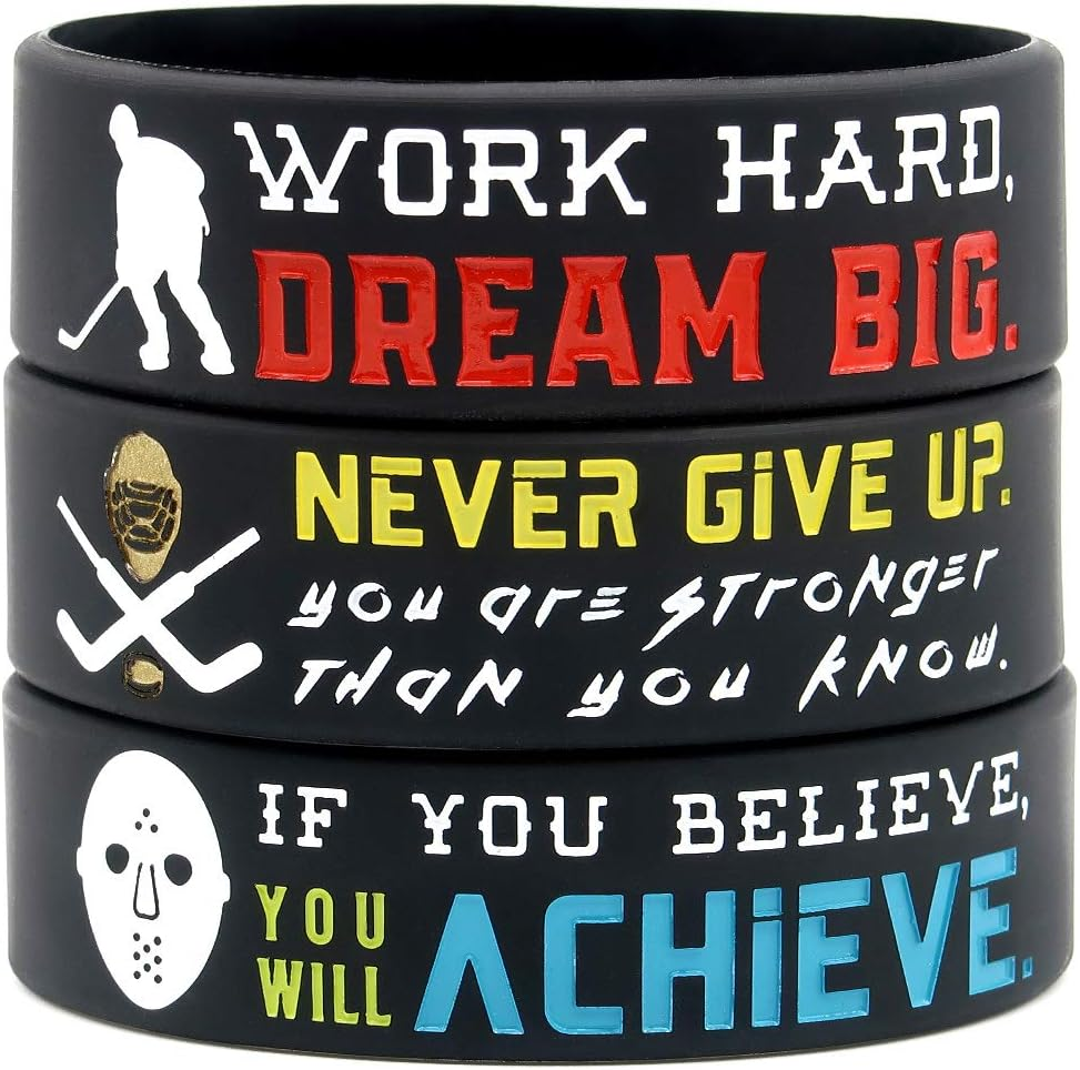 (12-Pack) Hockey Wristbands with Motivational Quotes - Wholesale Bulk Hockey Bracelets for Theme Party Favors Supplies Gifts - Unisex for Boys, Girls, Men, Women image number 1