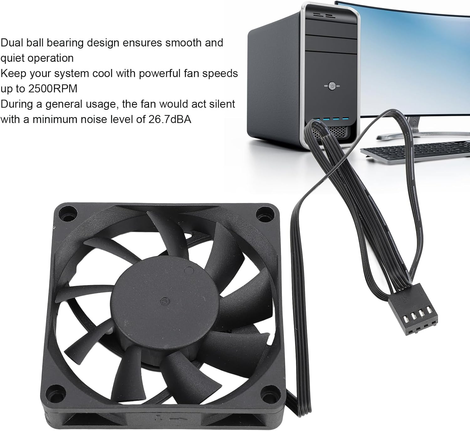 70Mm Case Fan with Dual Ball, Cooling Fan, High Performance Cooling Fan Speed up to 2500RPM 7 Blade, 4 Pin PWM Intelligent Temperature Control image number 3