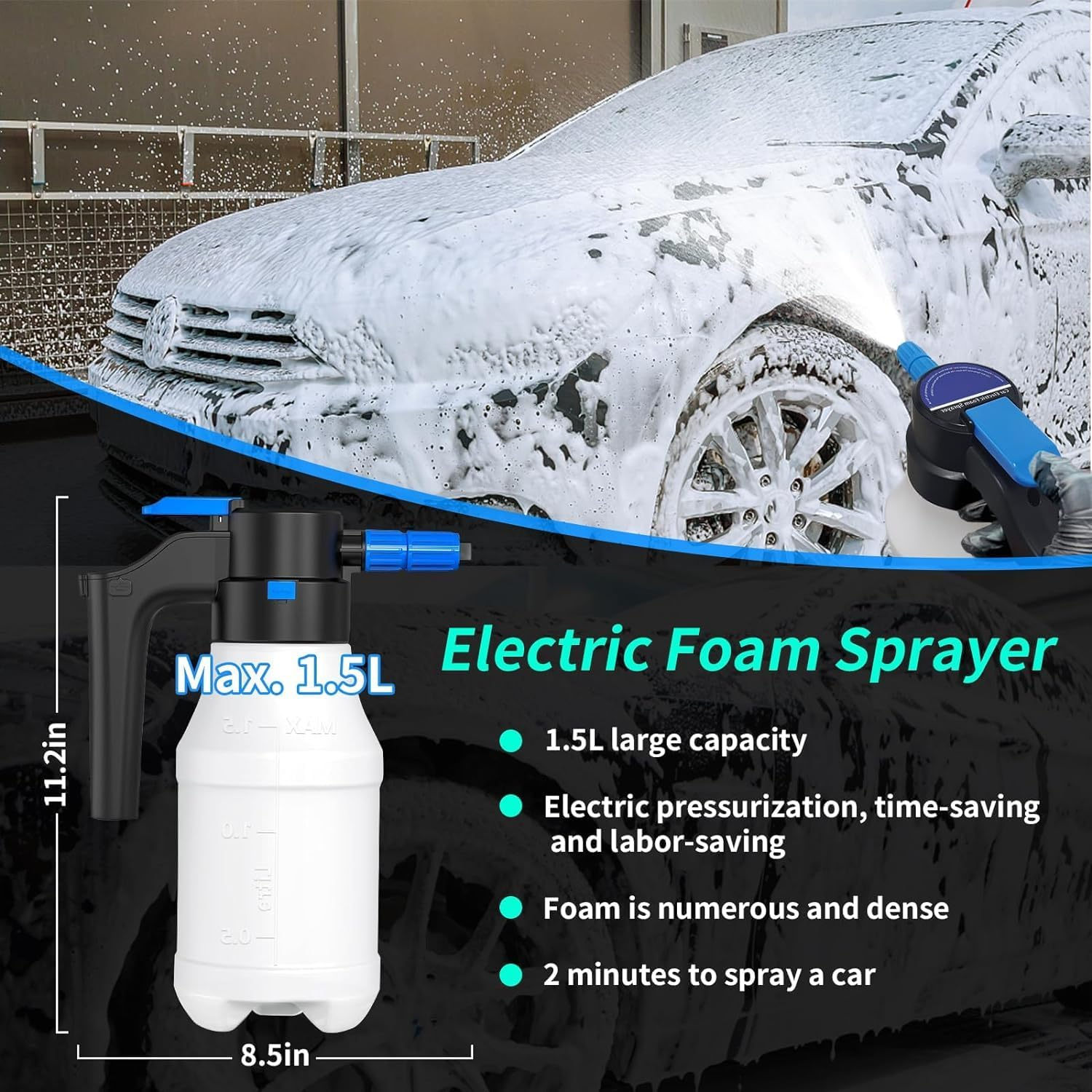 Yuedefly Electric Foam Sprayer with USB - Electric Pressure Car Foam Sprayer, 1.5 Liters Large Capacity Foam Blaster for Car Washing, Garden, Home and Other Cleaning image number 3