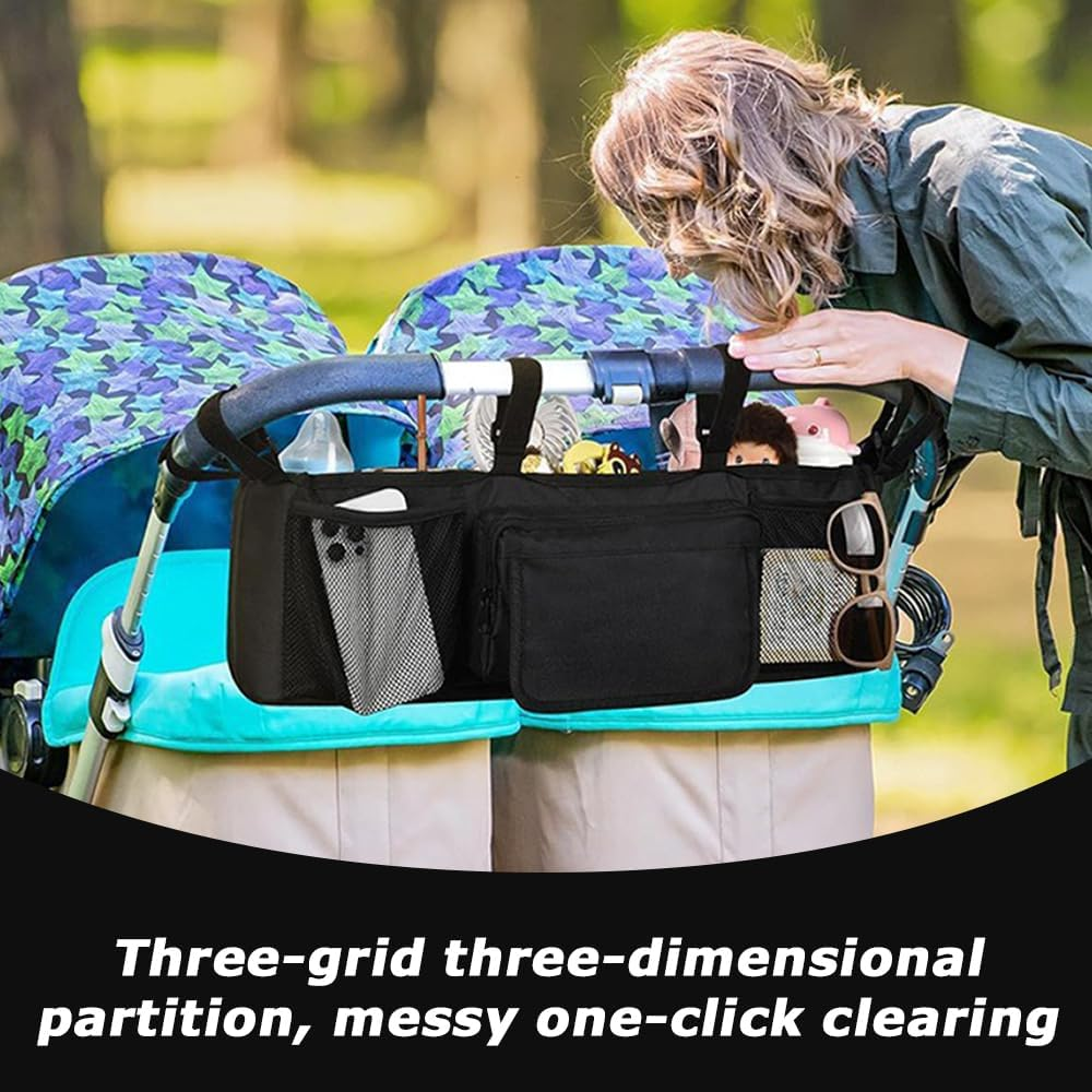 Universal Stroller Organizer, Double Parent Console with Insulated Cup Holders, Large Storage Bag for Diapers, Bottles & Toys, Fits Side-By-Side & Single Strollers, Black image number 3