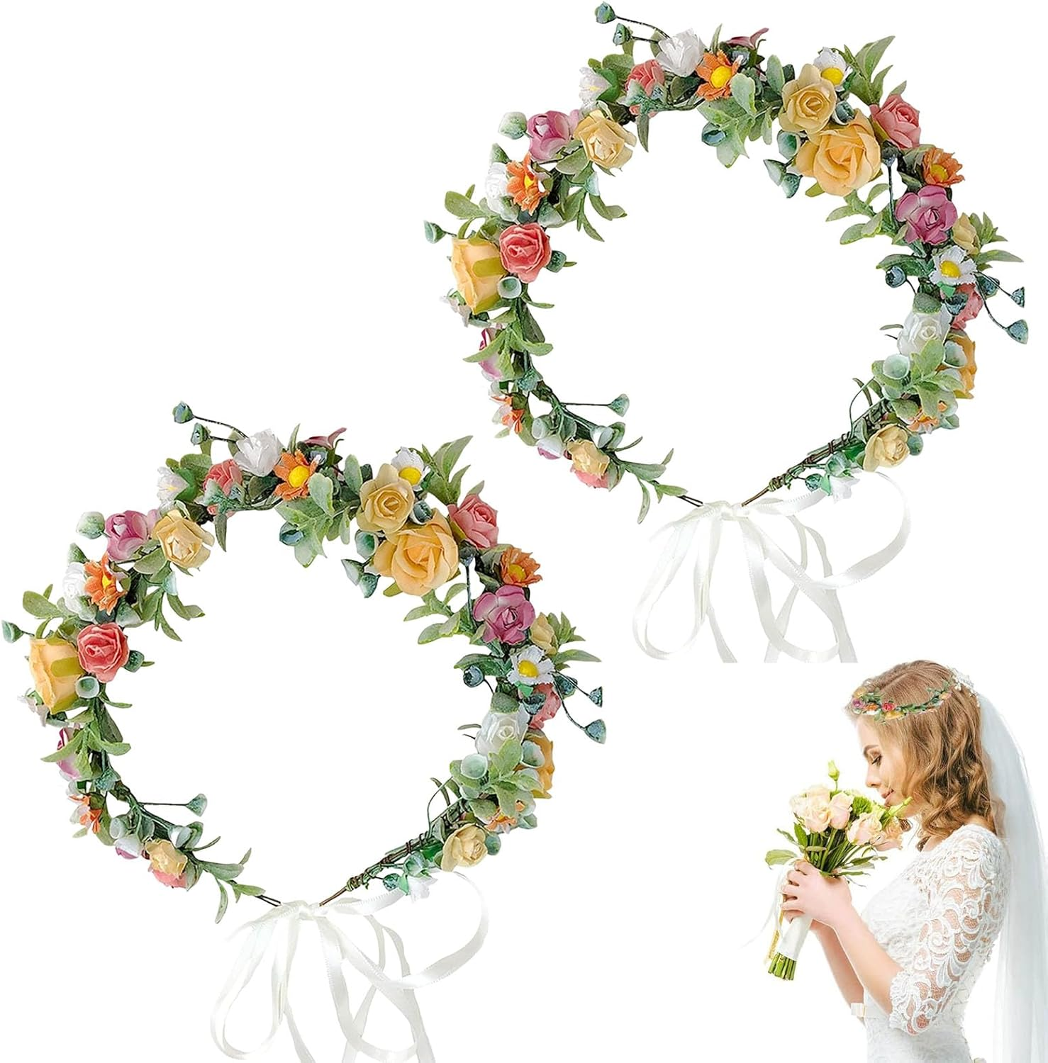 Dinghaole 2Pcs Rose Flower Crown, Floral Wreath Headband, Wedding Bridal Headpiece Hawaiian Party Accessories, Bohemian Style Headdress for Fun Day Out Bridal Headwear Party Festivals Hair Accessories image number 6