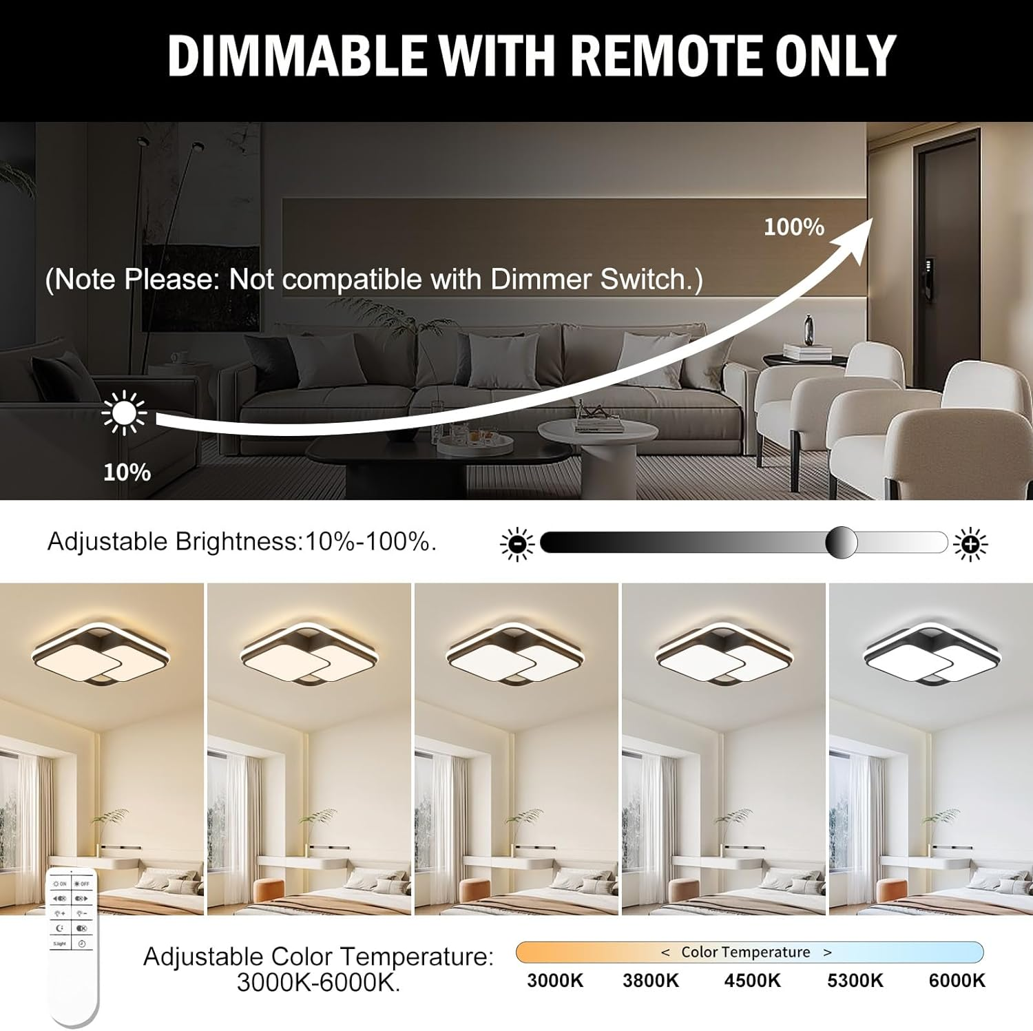 Modern LED Ceiling Light Fixture, Dimmable Black Flush Mount Ceiling Light with Remote, 60W Upgraded Square Bedroom Ceiling Lamp LED Chandelier for Living Room Kitchen Hallway,15.7'' image number 1