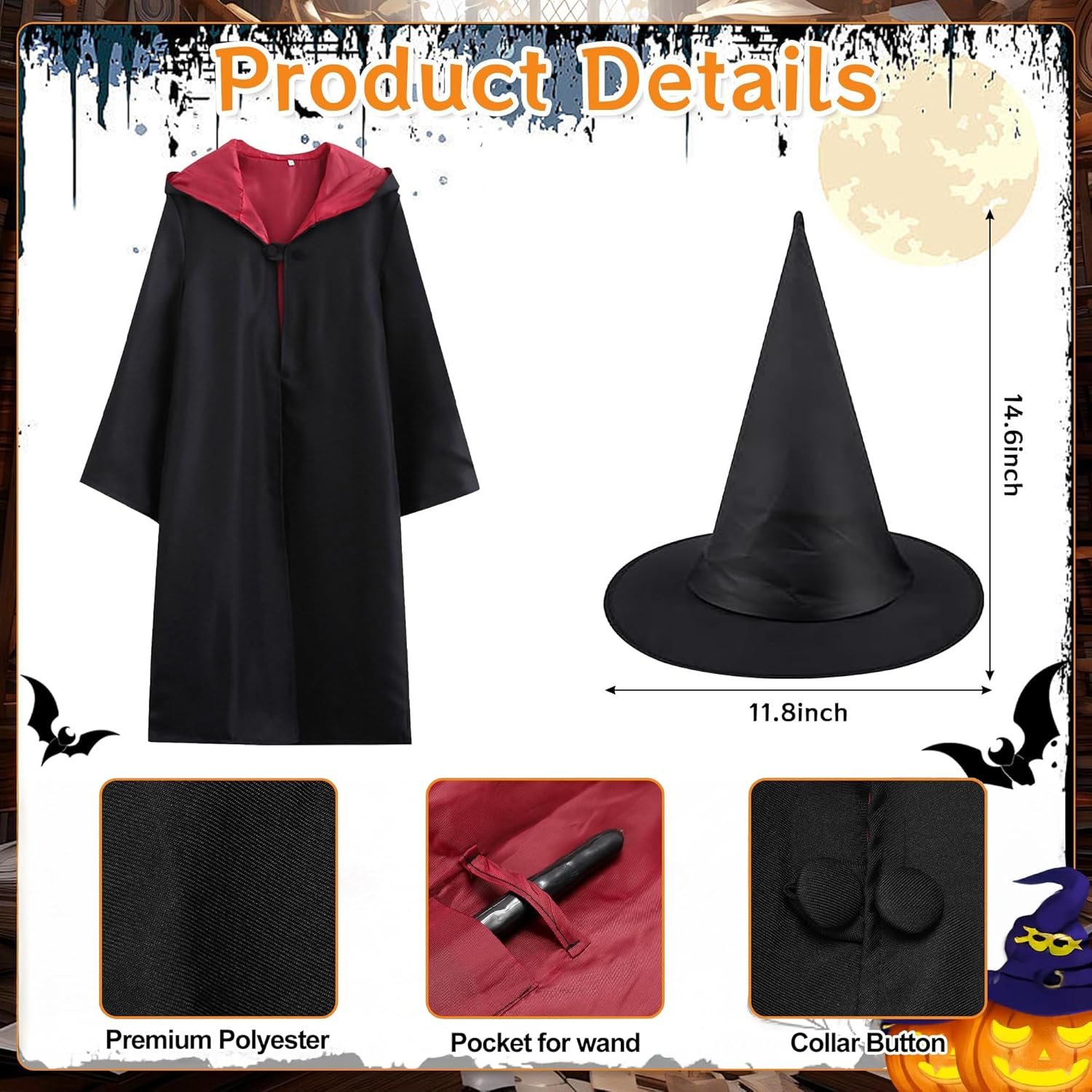 AUTOWT Kids Wizard Cloak Costume Set, 6Pc Magician Robe Outfits with Hooded Cape Hat Wand Scarf Glasses Tie Movie Dress up Accessory Boys Girls School Carnival Halloween Cosplay image number 5
