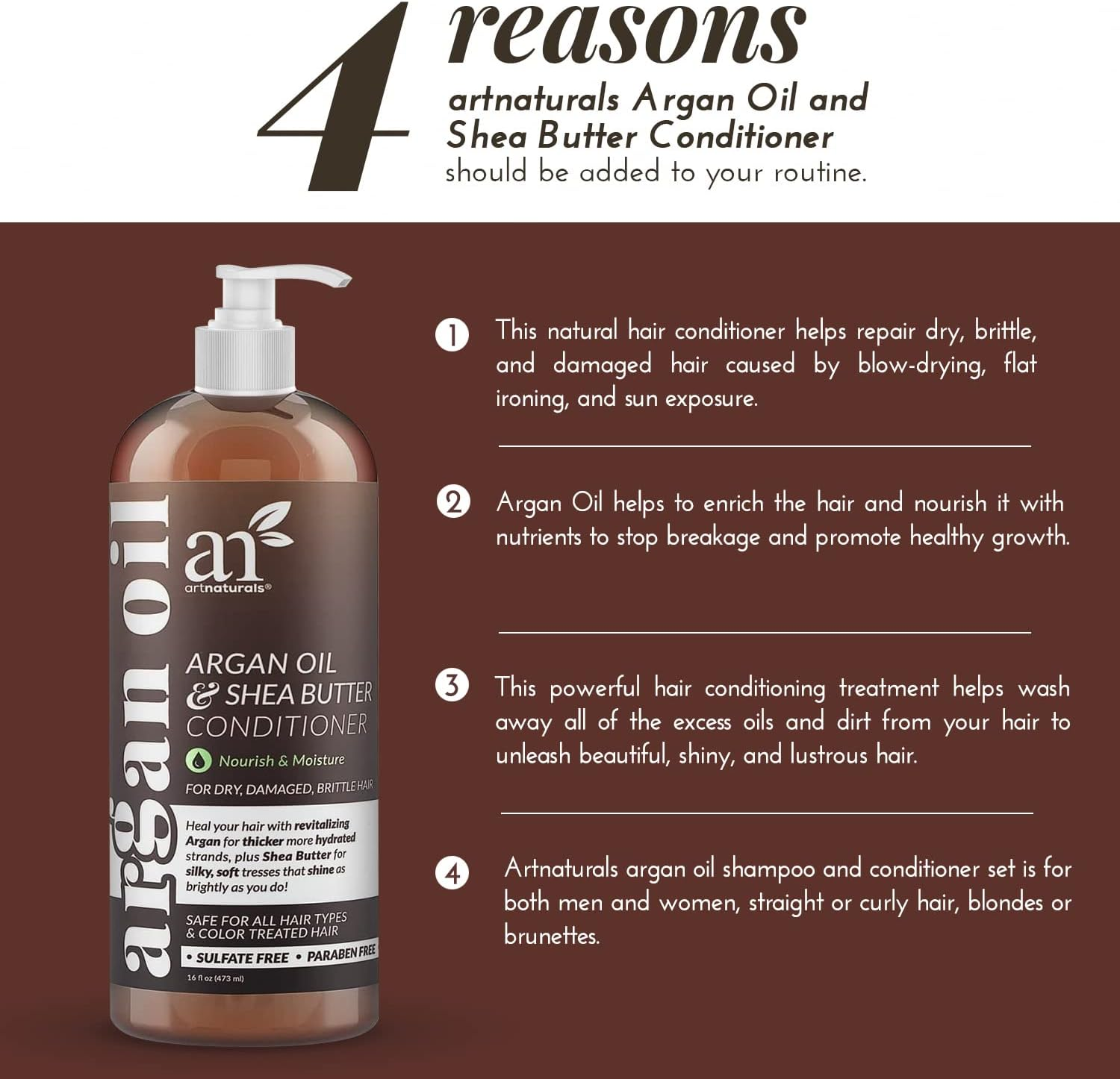 Artnaturals Argan Oil Hair Conditioner - (16 Fl Oz / 473Ml) - Sulfate Free - Treatment for Damaged and Dry Hair - for All Hair Types - Safe for Color Treated Hair image number 2