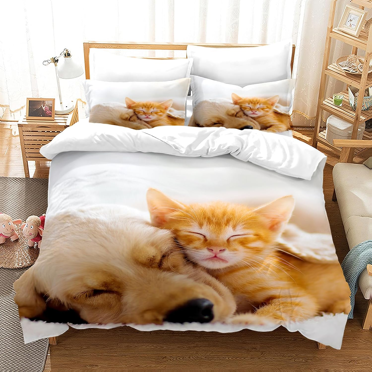 PORJDN Bedding Set Cats and Dogs, Children'S Bedding with Duvet Cover and Pillowcase 65 X 65 Cm. Kitty Pattern Duvet Cover 3D Pet Cat Duvet Cover Set (Cats and Dogs-2, 140 X 200 Cm)