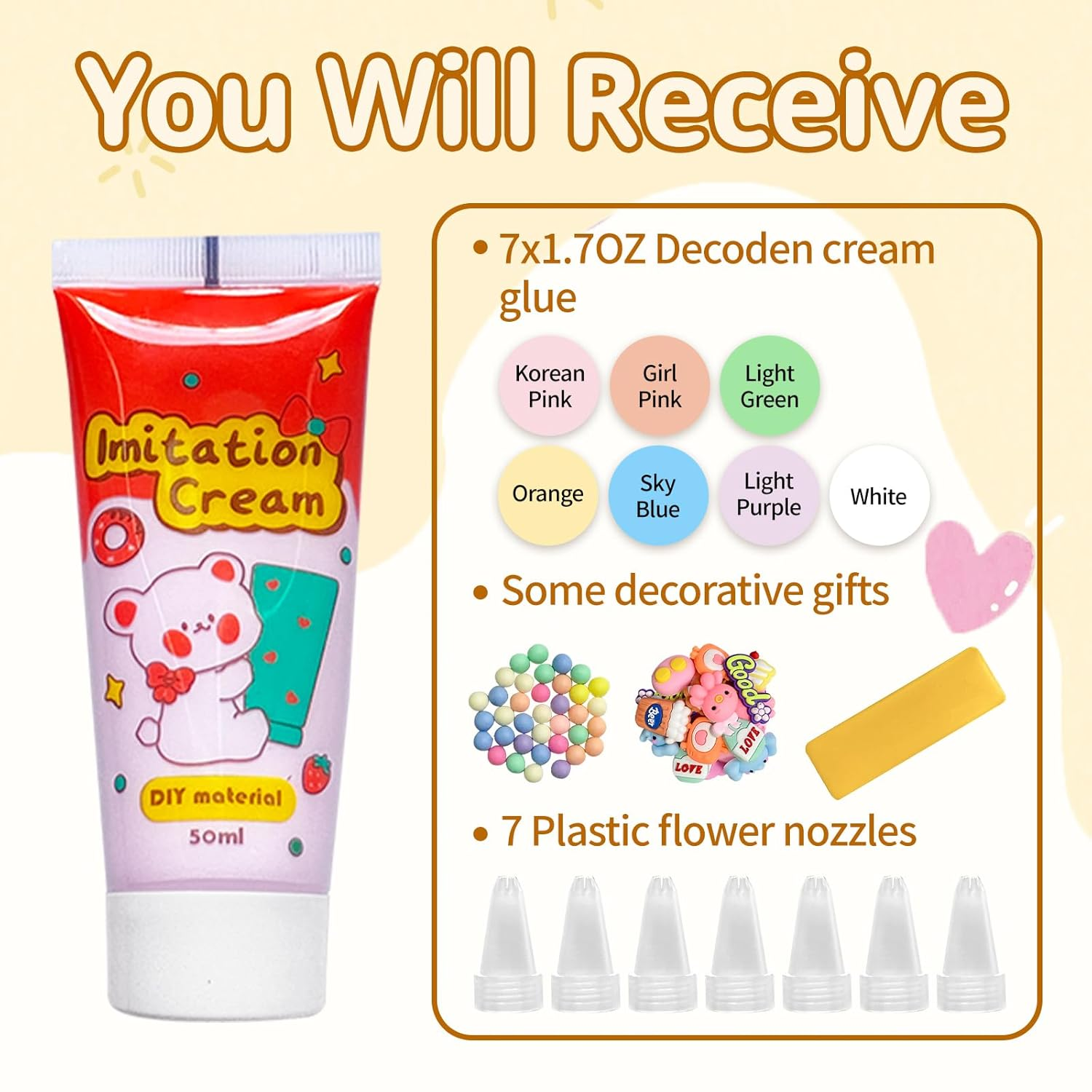 7 Colors Decoden Cream Kit, Simulation Fake Whipped Cream Glue, with Nozzle 3 Pack Decoration, Very Suitable for Making DIY Handicrafts(1.7 Oz) image number 1