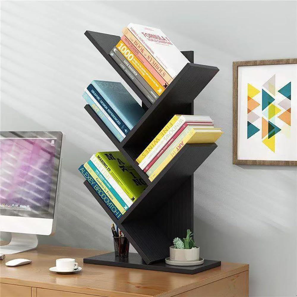Hbluefat Tree Bookshelf, 5-Tier Wooden Desktop Small Bookshelf and Mini Bookcase for Office, Home or School Desk Book Shelf for Displaying Books, Cds, Magazines Wood Storage Rack (Teak)