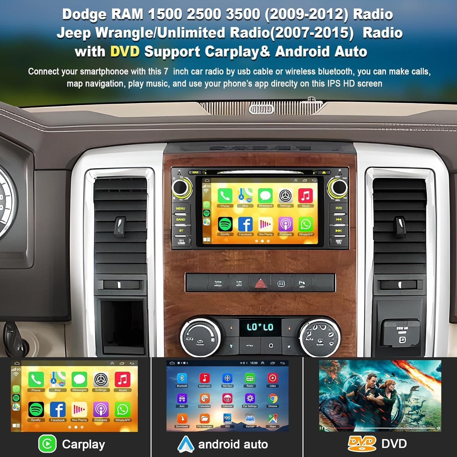 Car Radio Stereo with CD/DVD Player for Dodge RAM 1500 2500 3500 (2009-2012), for Jeep Wrangle/Unlimited (2007-2015),7 Inch Head Unit with Carplay & Android Auto,Bluetooth & GPS Navigation image number 1