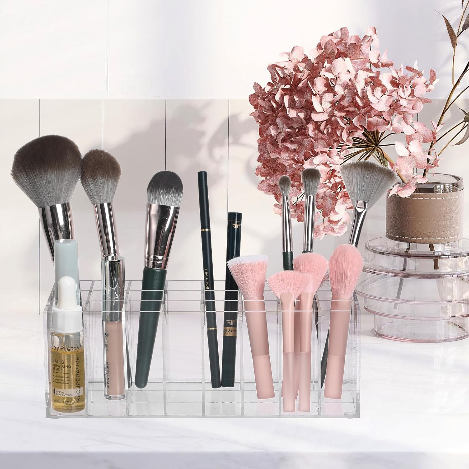 CHICAMPERA Transparent Acrylic Lip Gloss and Lipstick Holder with Compartments Makeup Storage Organizer Rack for Eyebrow Pencils and Cosmetics Capacity Desktop Display image number 4