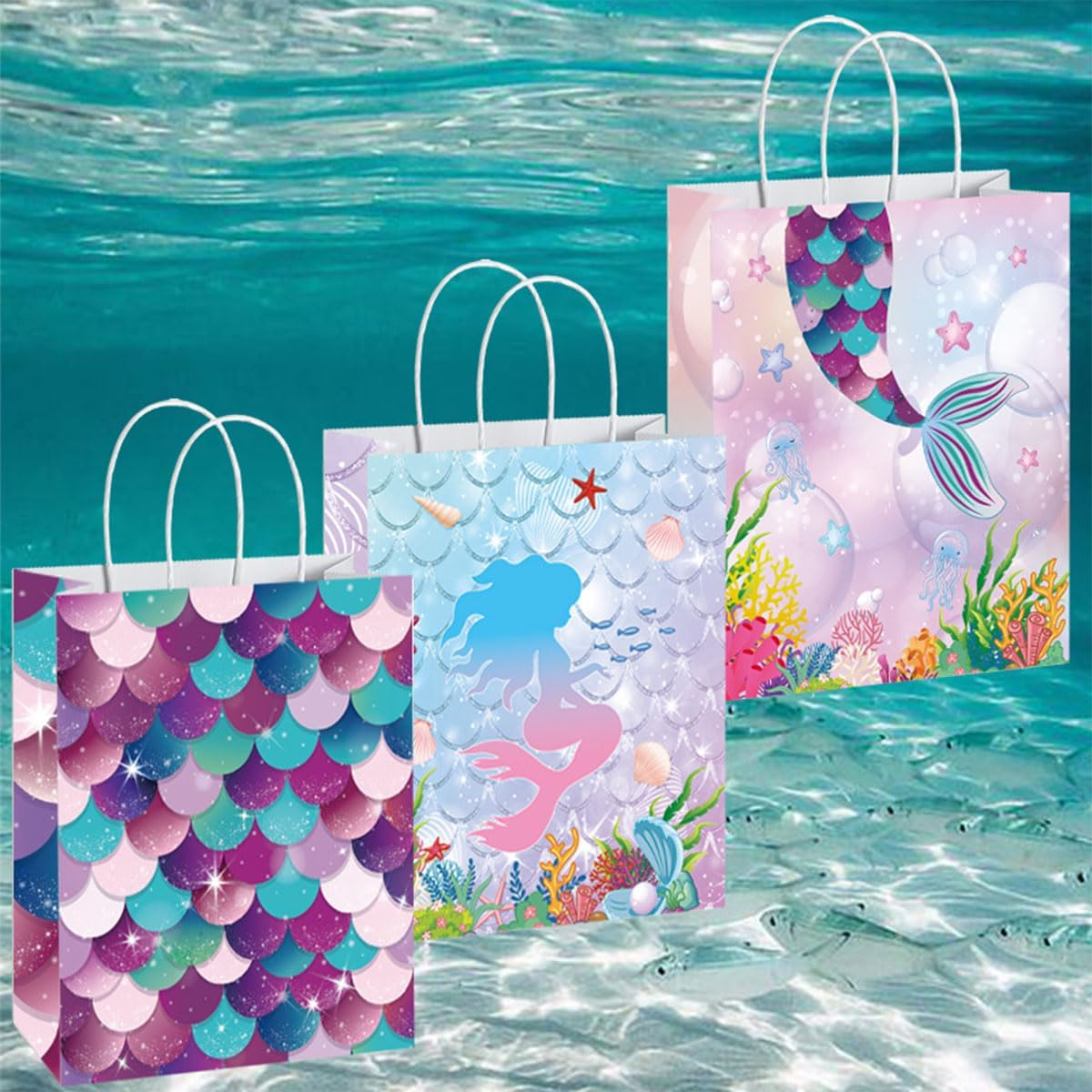 Dnvkict 24 Pack Mermaid Goodie Bags with Handles Candy Bags Mermaid Theme Party Bags Party Favor Treat Bags for Decorations (Fish Scale) image number 4