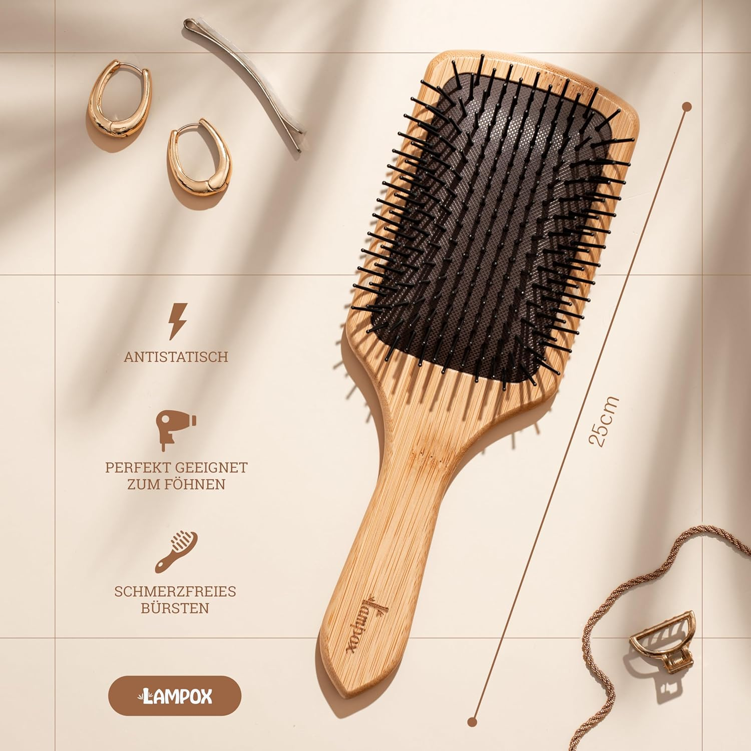 Bamboo Hair Brush, Head Massage Hair Care, Detangling Brush for Long Hair & Curls of Women, Men & Children, Massage Brush for Scalp, Detangler (Rectangular) image number 6