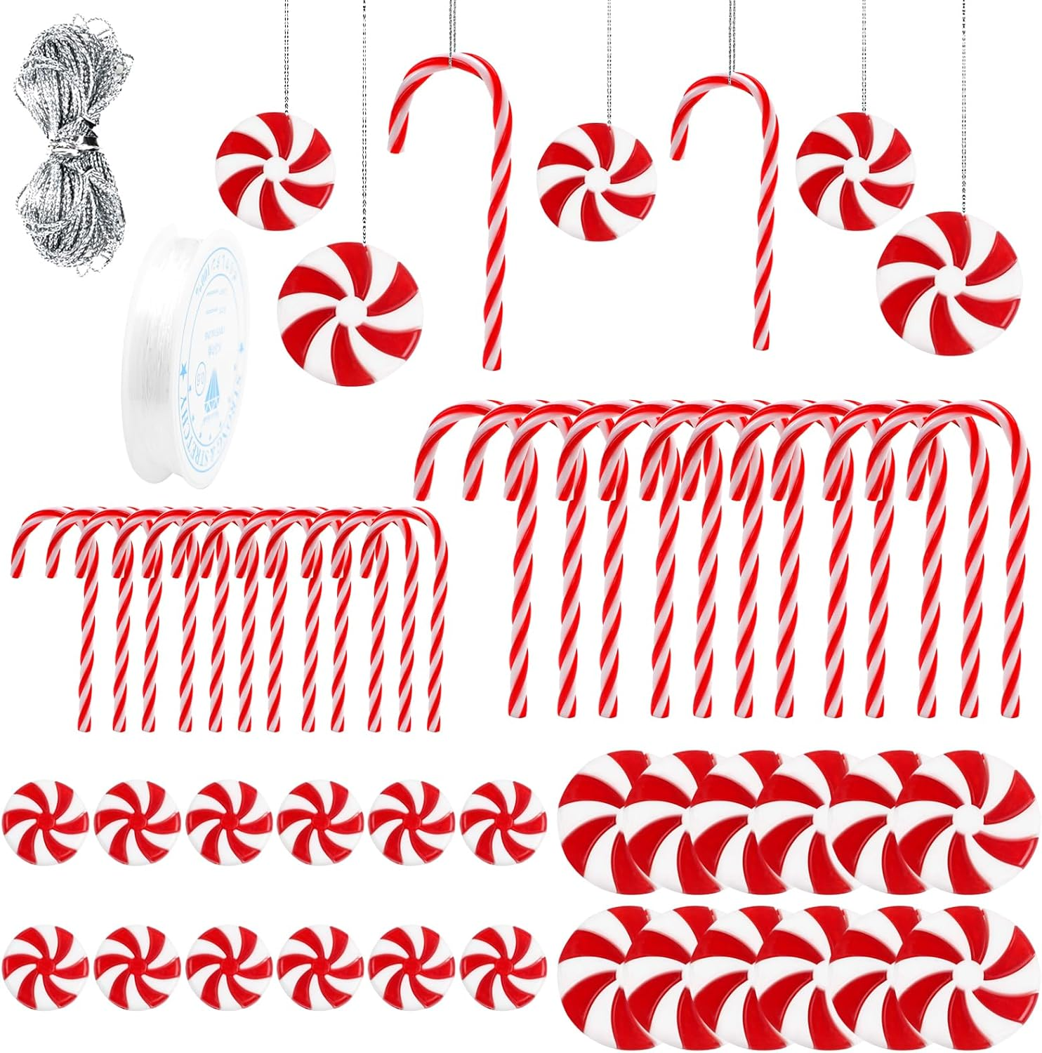 LOMIMOS 50Pcs Christmas Candy Canes Ornament, Plastic Xmas Tree Hanging Decoration Ornament with Crystal Wire Silver Thread for Craft Party Home(Red and White)