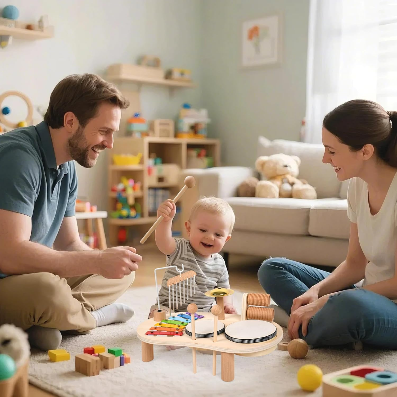 Baby Musical Instruments Toys Kids Drum Set for Toddlers Baby Music Instruments 7 in 1 Montessori Preschool Musical Toys Children Drum Kit Xylophone Tambourine Birthday Gifts for Boys and Girls image number 3