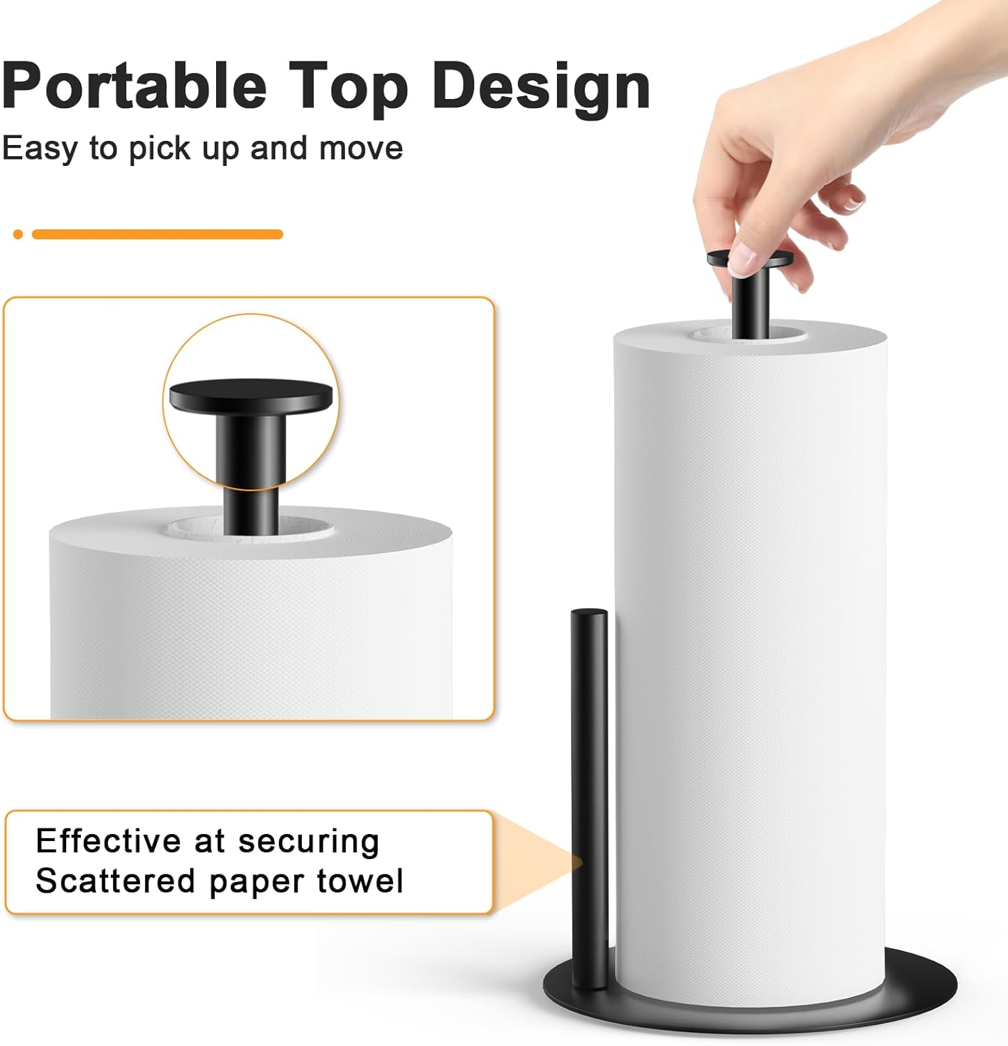 Paper Towel Holder Countertop, Premium Stainless Steel Kitchen Roll Dispenser for Kitchen Organization and Storage,Weighted round Base Vertical Paper Towel Roll Holder Stand(Black)