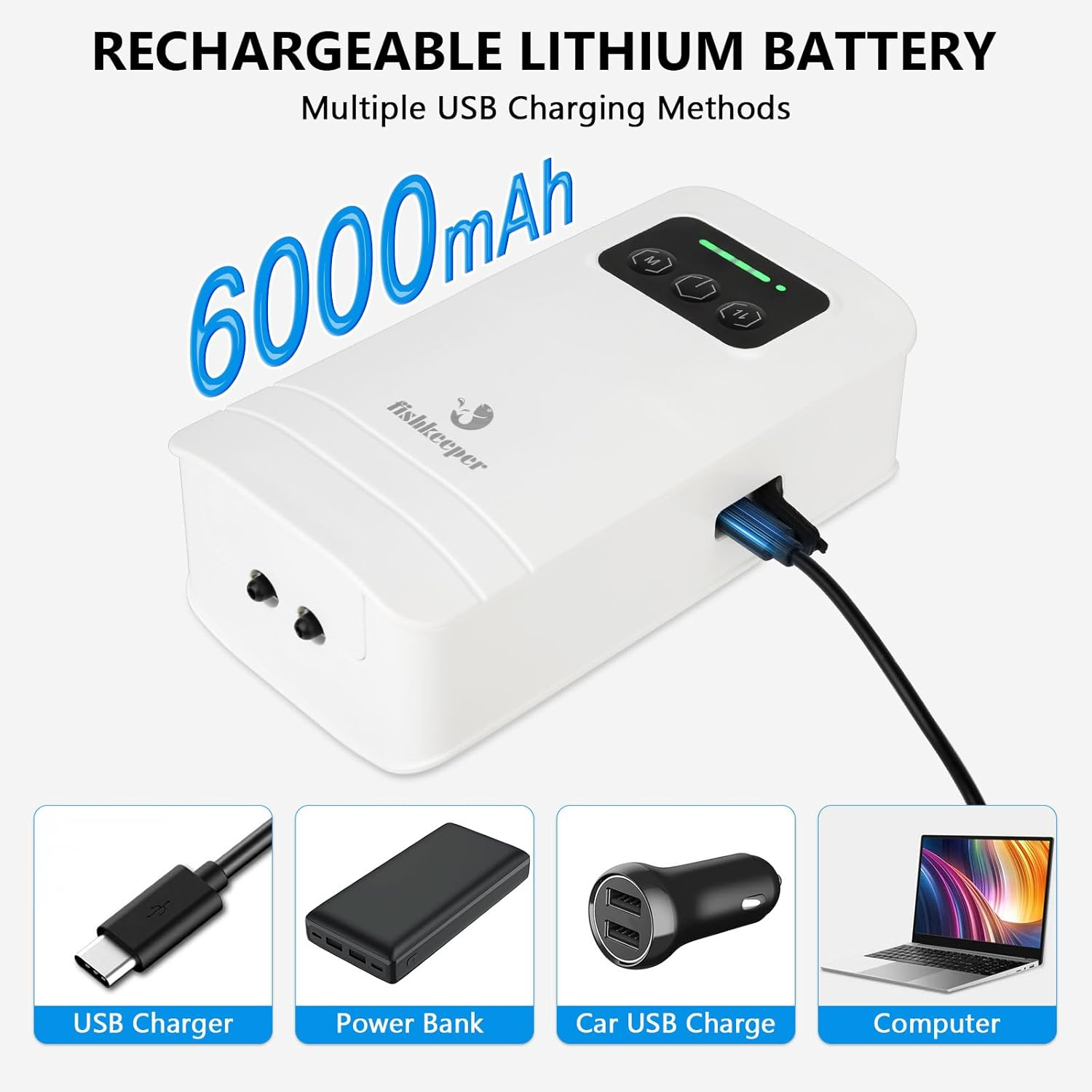 Fishkeeper Aquarium Air Pump, USB Rechargeable Lithium Battery Powered Fish Tank Pump for 5-210 Gallons Portable Aquarium Bubbler Aerator for Outdoor Fishing, Power Outages and Emergency (4W/6W) image number 4