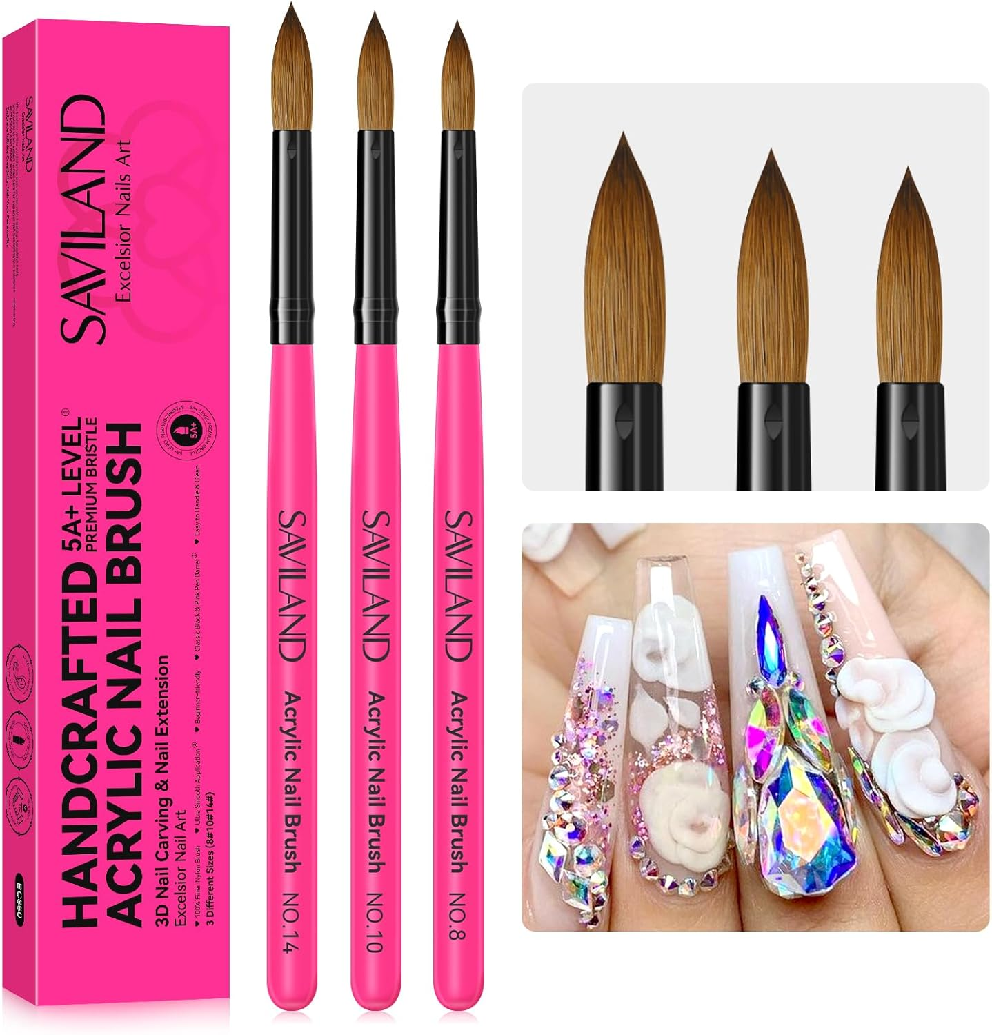 SAVILAND Acrylic Nail Brushes Set: Sizes 8, 10, 14 Nail Brushes for Professional Acrylic Powder Applications, Nails Extension, 3D Carving for Home Salon DIY Nail Art Brush Manicure Acrylic Tools Pink image number 5