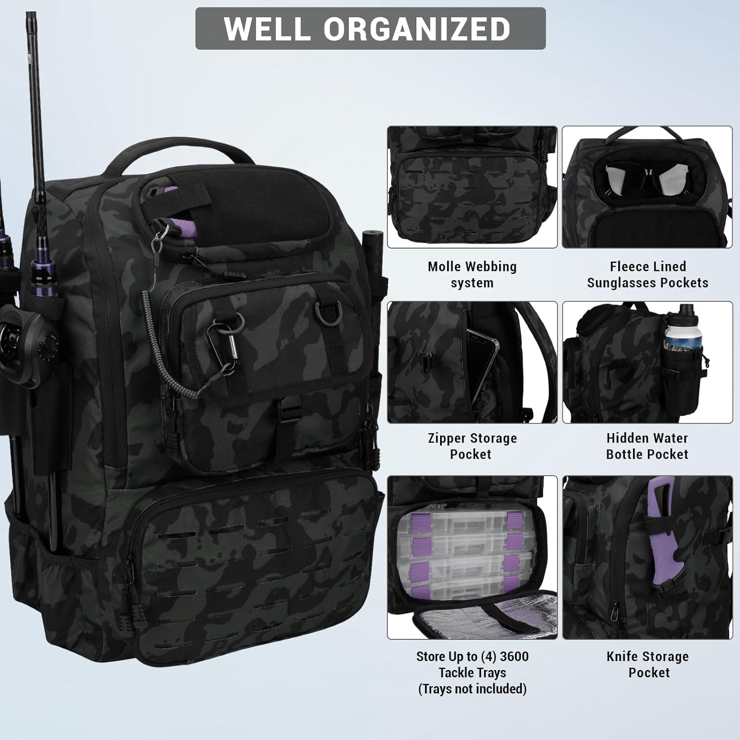 Fishing Backpack with Rod Holders,40L Large Water-Resistant Fishing Tackle Bag with Cooler,Tackle Box Backpack,Black image number 3