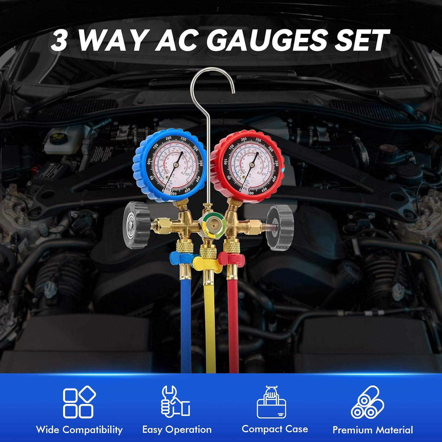AC Manifold Gauge Set for R134A R12 R22 R502, 3 Way Refrigerant Diagnostic Kit with 1.2M Hose, Quick Couplers, Puncturing Can Tap, 1/4" to 1/2" Adapter for Car and Home HVAC Recharge and Maintenance image number 1
