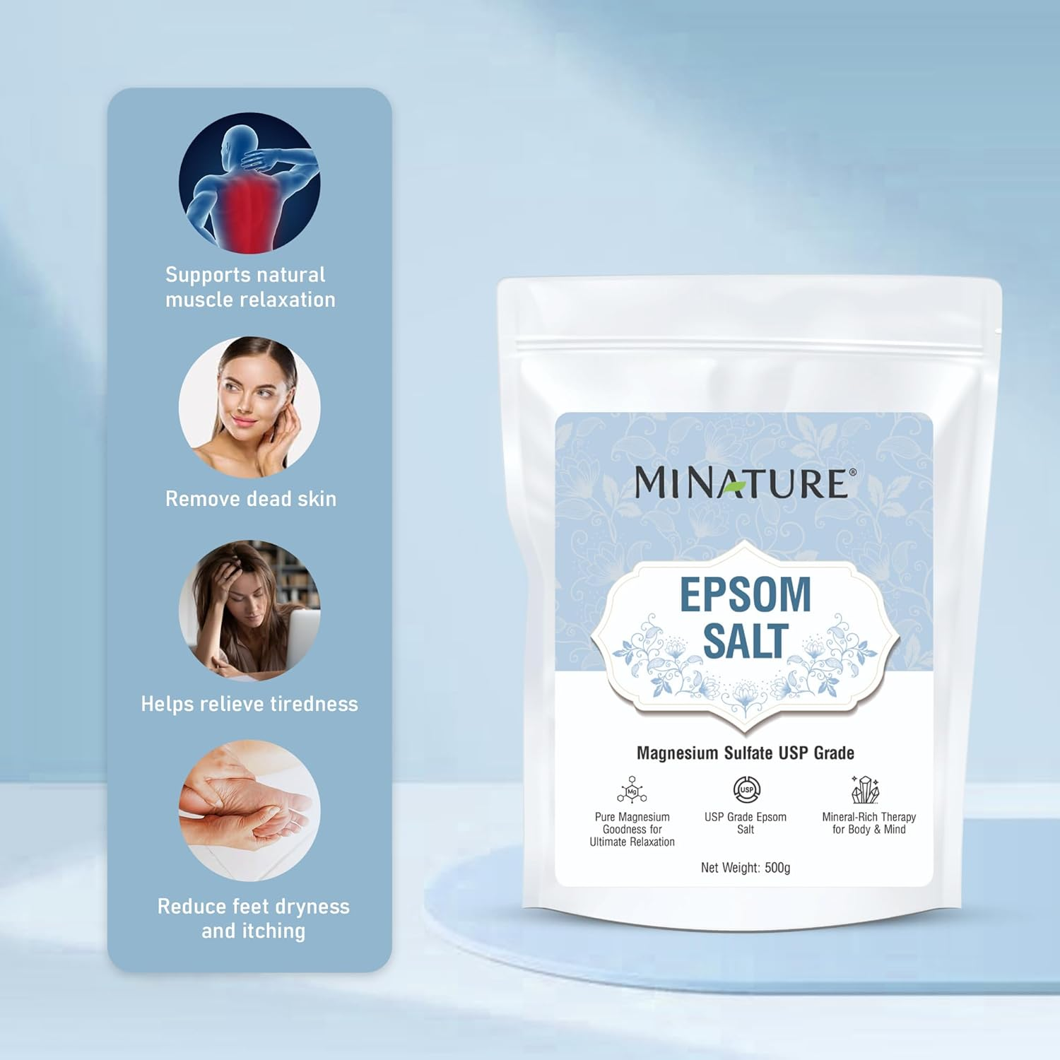 Mi Nature Pure Epsom Salt |USP Grade| Relieves Muscle Aches and Pain| from Body Detox to Foot Crack Sores | Mineral Rich Therapy |Goodness of Ultimate Relaxation |For Plants|500G (17.637Oz) image number 3