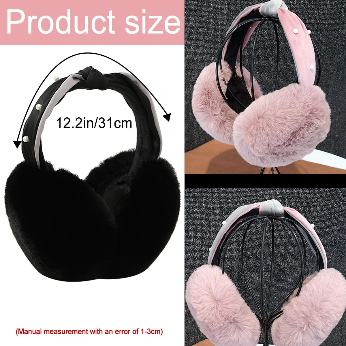 Winter Earmuff,Keep Ear Warm,Folding Warm Pearl Ear Muffs, Fluffy Earmuffs for Girls Women Outdoor (Black) image number 2