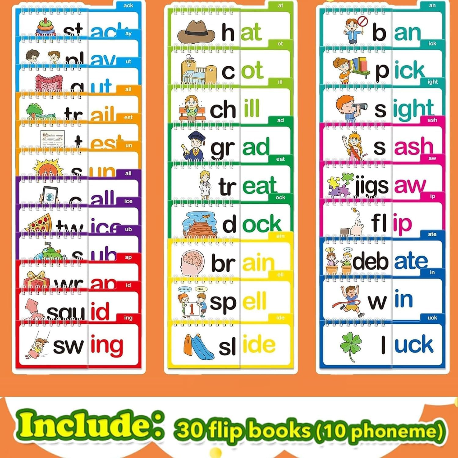 30 Read and Rhyme Flip Books - Word Family & Phonics Flash Cards Set for Kindergarten - Learn to Read with Sight Words, Letter Sounds, Vocabulary & Reading Games - ABC Learning Activity for Kids image number 3