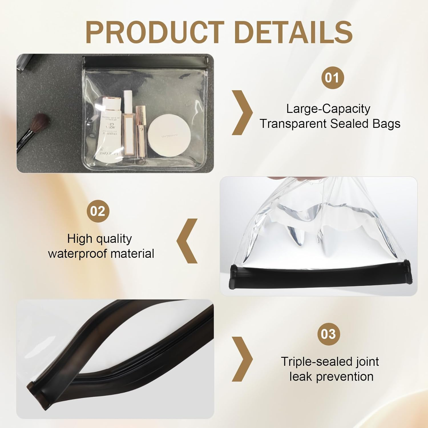 3 Pcs Clear Travel Toiletry Bag, TSA Approved Toiletry Bag with Waterproof & Leakproof Seal, PEVA Clear Matte Cosmetic Organiser for Carry-On Compliance, Airline Security Friendly Toiletries Pouch Set image number 2