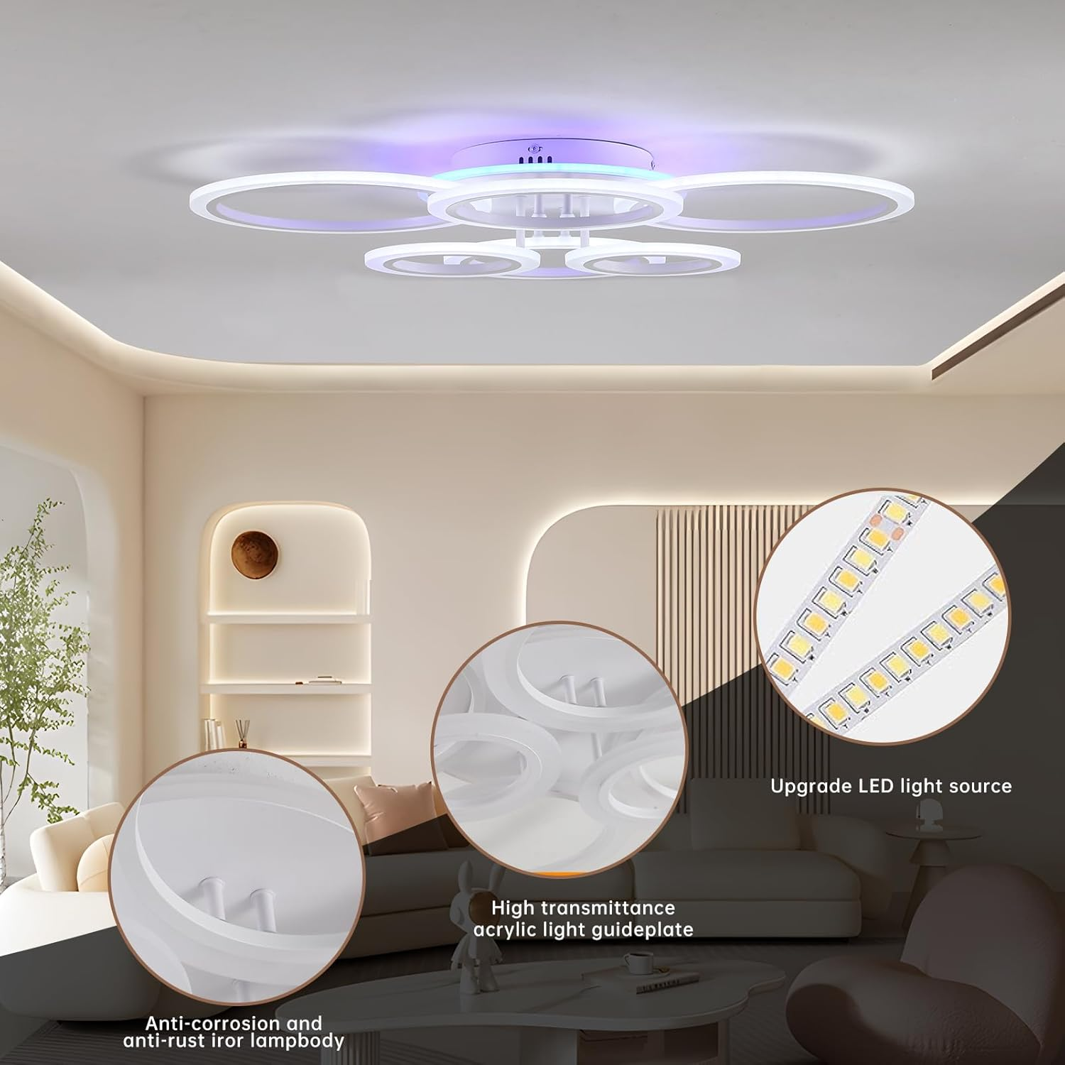 ZAITINZ Modern LED Ceiling Light,70W Flush Mount Ceiling Light,Dimmable Ceiling Lights for Bedroom,6 Rings Lighting Fixture LED Ceiling Lamp for Kitchen,Living Room,Laundry Room,3000-6000K,White image number 1