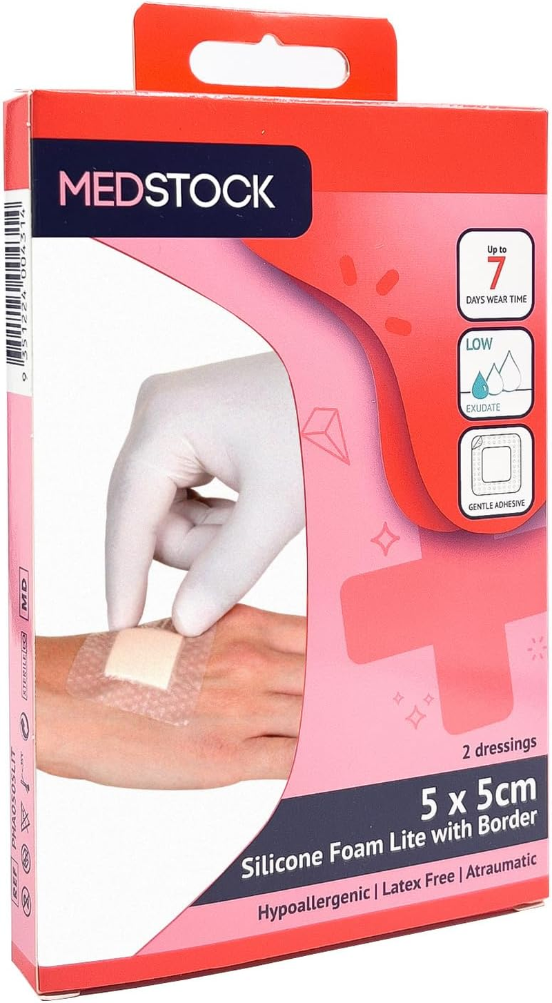 MEDSTOCK Silicone Foam Lite Dressing with Border Multipack - 5CM X 5CM, 2 Count, Comfortable Healing for Wounds, Waterproof Shield, Ideal for Surgical and Traumatic Injury, Gentle & Secure Adhesion image number 1
