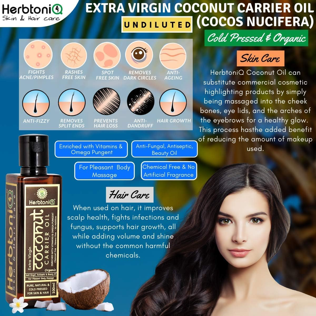 Herbtoniq Organic Extra Virgin Coconut (Cocos Nucifera) Cold Pressed Carrier Oil for Moisturizing, Healing, Dry Skin, Nail, Intensive Hair Care (100Ml, 3.38 Fl Oz) image number 2