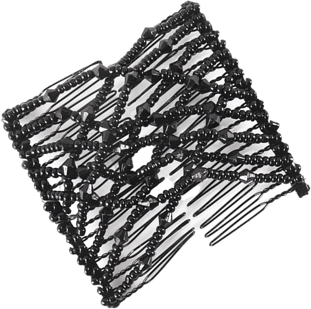 Hoite 3Pcs Women Elastic Comb Hair Clips Vintage Beaded Black White Brown for Daily Styling Securing Various Hairstyles image number 6